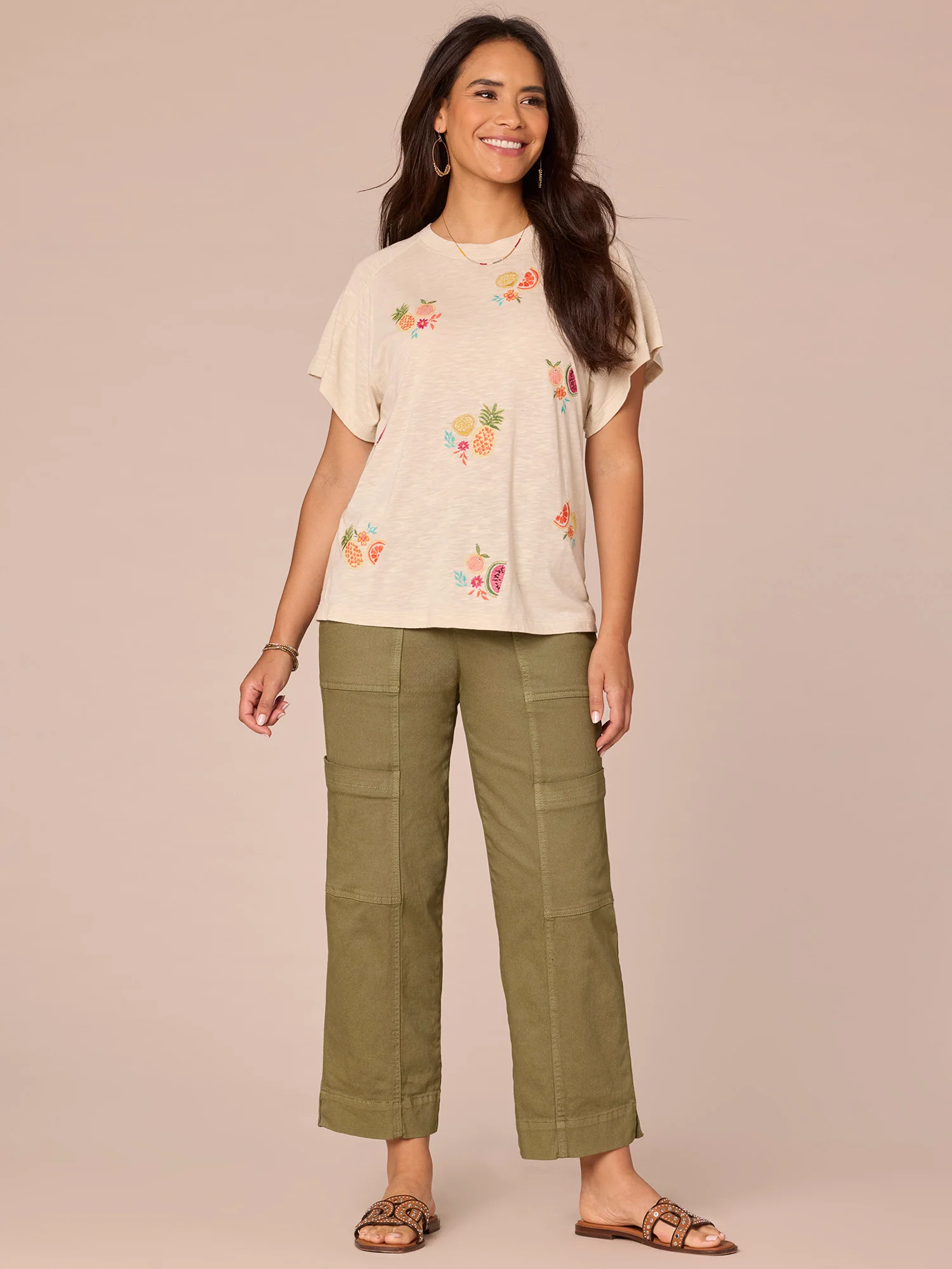 Short Sleeve Scoop Neck Petite Knit Boyfriend Tee with Embroidery - Legahigh