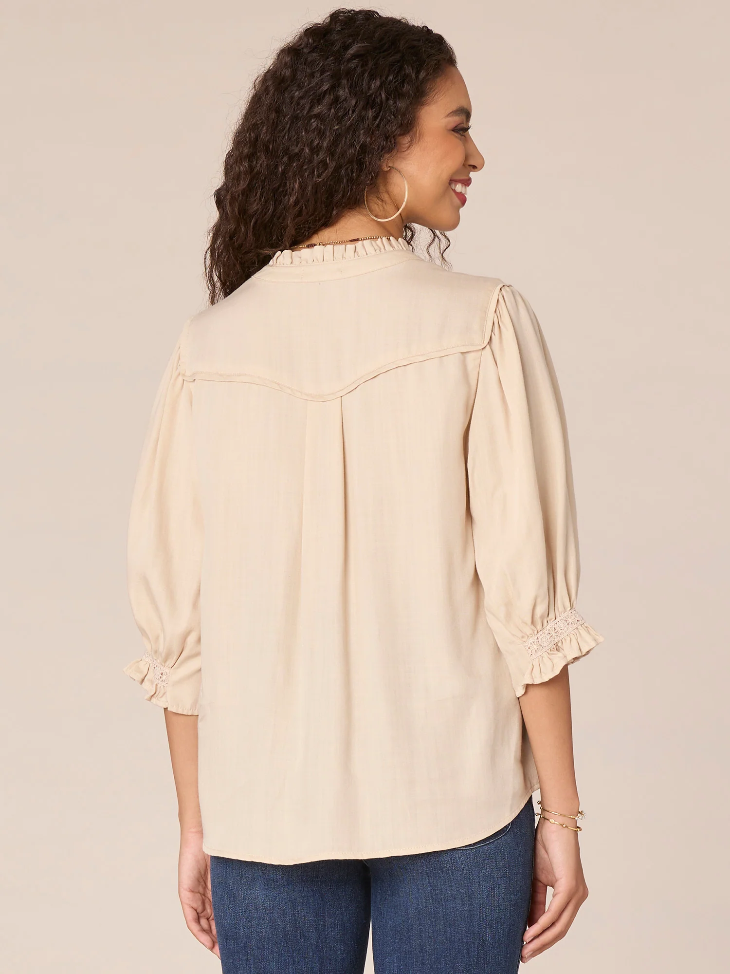 Below Elbow Sleeve Ruffle Edge Neck Crochet Button Down Woven Top - Legahigh