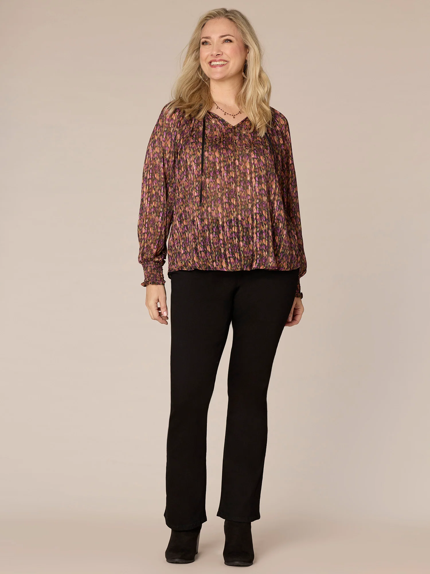 Long Smock Cuff Sleeve Split V-Neck Printed Plus Size Woven Top - Legahigh