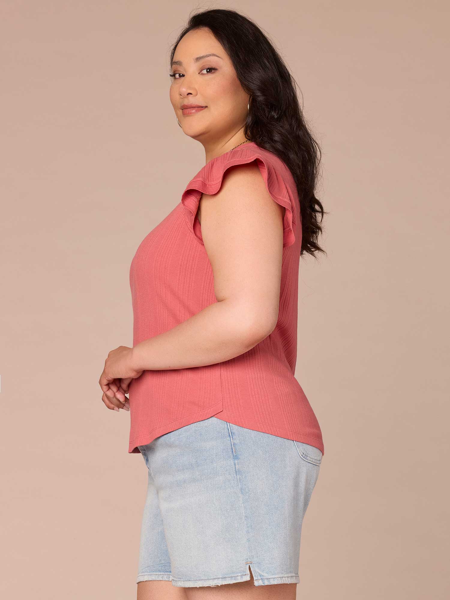 Flutter Cap Sleeve Round Split Neck Mixed Media Plus Size Knit Top - Legahigh