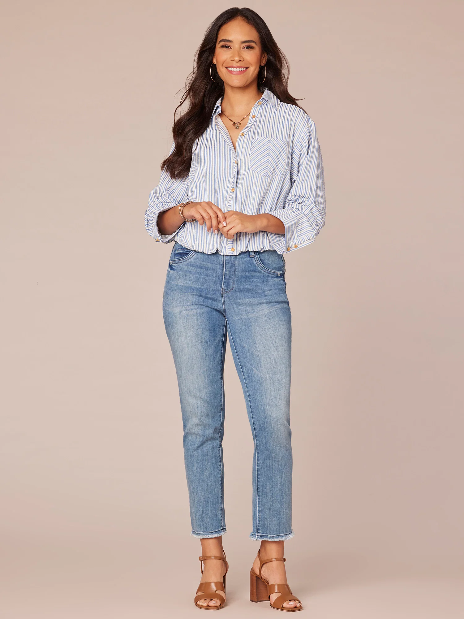 Three Quarter Tucked Sleeve Button Down Spliced Stripe Woven Shirt - Legahigh