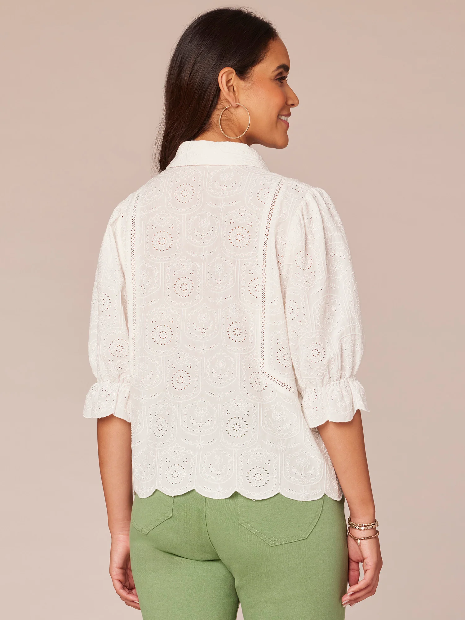 Blouson Sleeve Collared Button Down Crochet Plus Size Woven Top - Legahigh