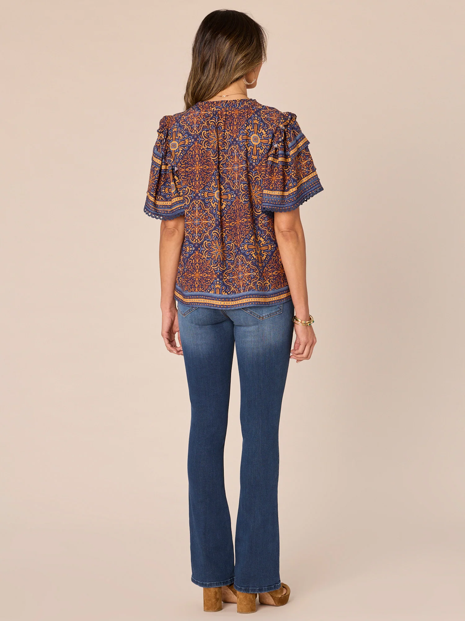 Pleated Short Sleeve Stand Collar Border Print Woven Top - Legahigh