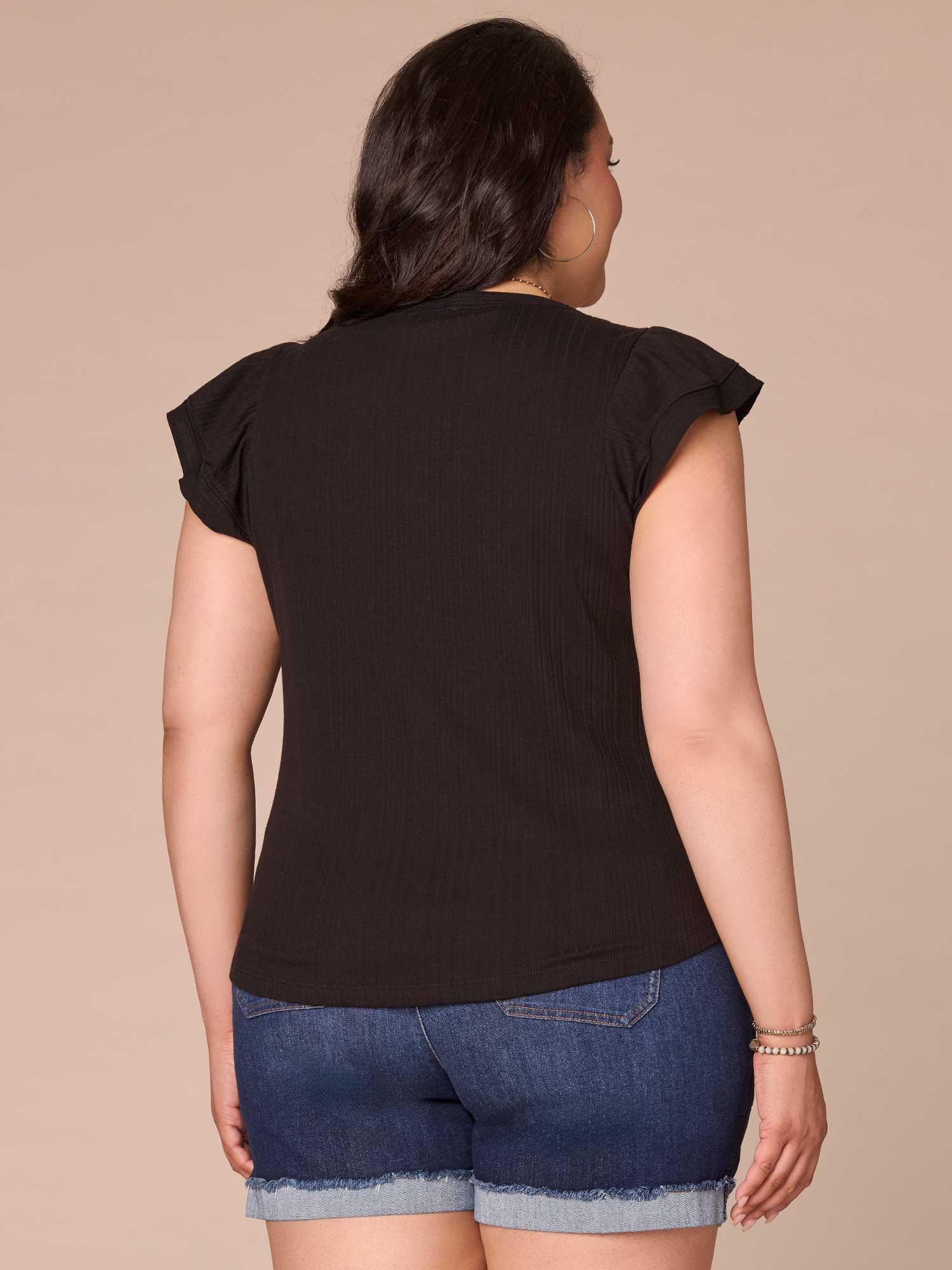 Flutter Cap Sleeve Round Split Neck Mixed Media Plus Size Knit Top - Legahigh