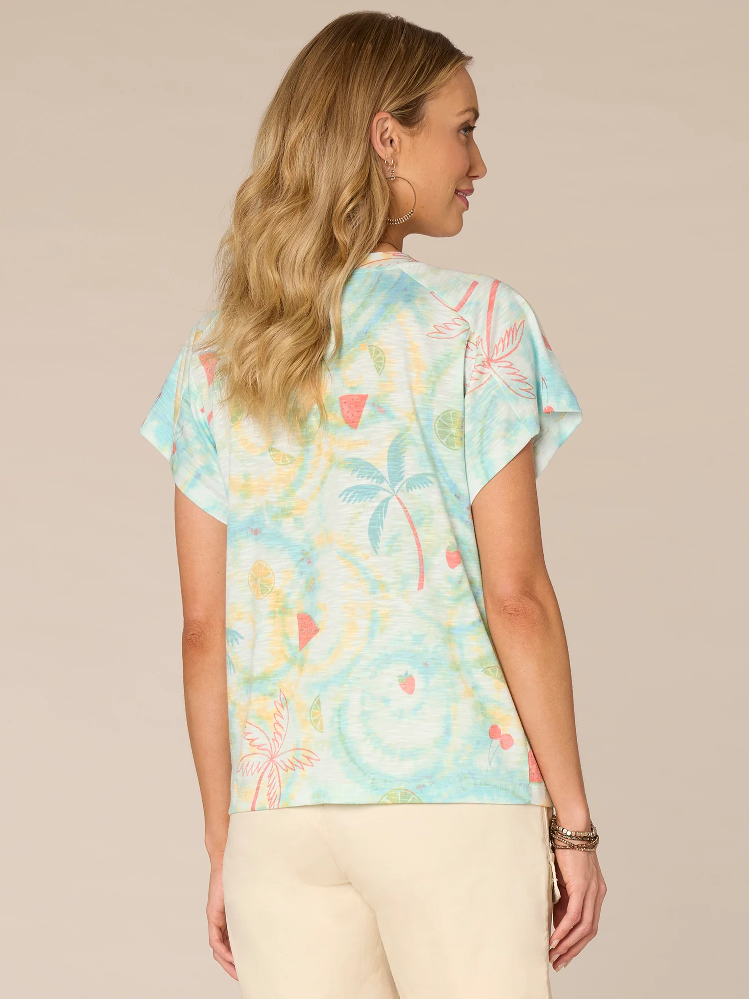 Short Sleeve Scoop Neck Pleated Petite Knit Boyfriend Tee with Print - Legahigh