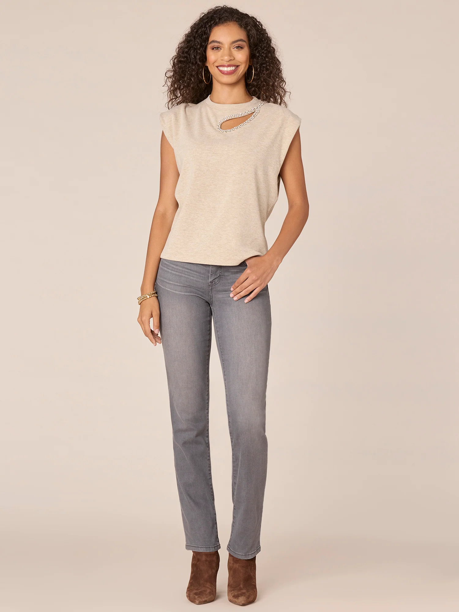 Extended Cap Sleeve Crew Neck Rhinestone Cutout Knit Top - Legahigh