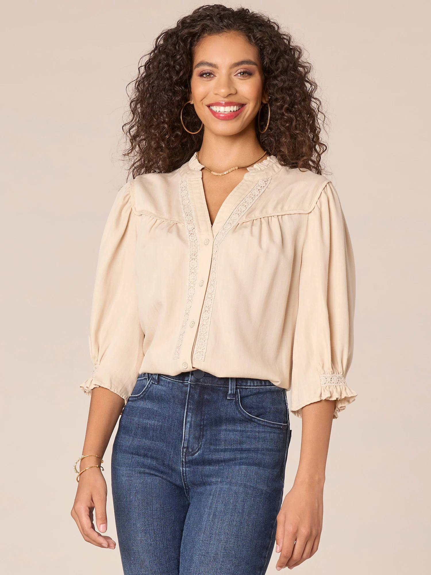 Below Elbow Sleeve Ruffle Edge Neck Crochet Button Down Woven Top - Legahigh