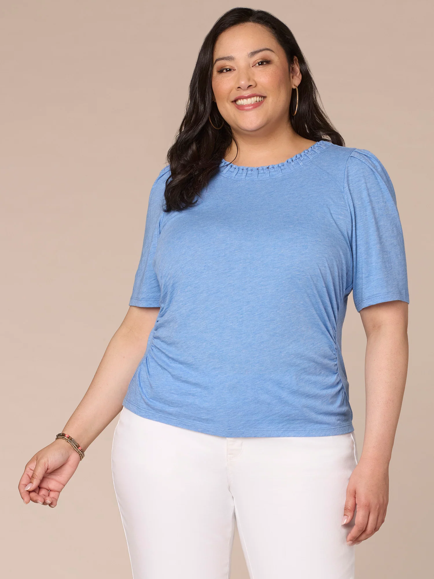 Pleated Elbow Sleeve Scoop Neck Plus Size Knit Top with Side Ruching - Legahigh