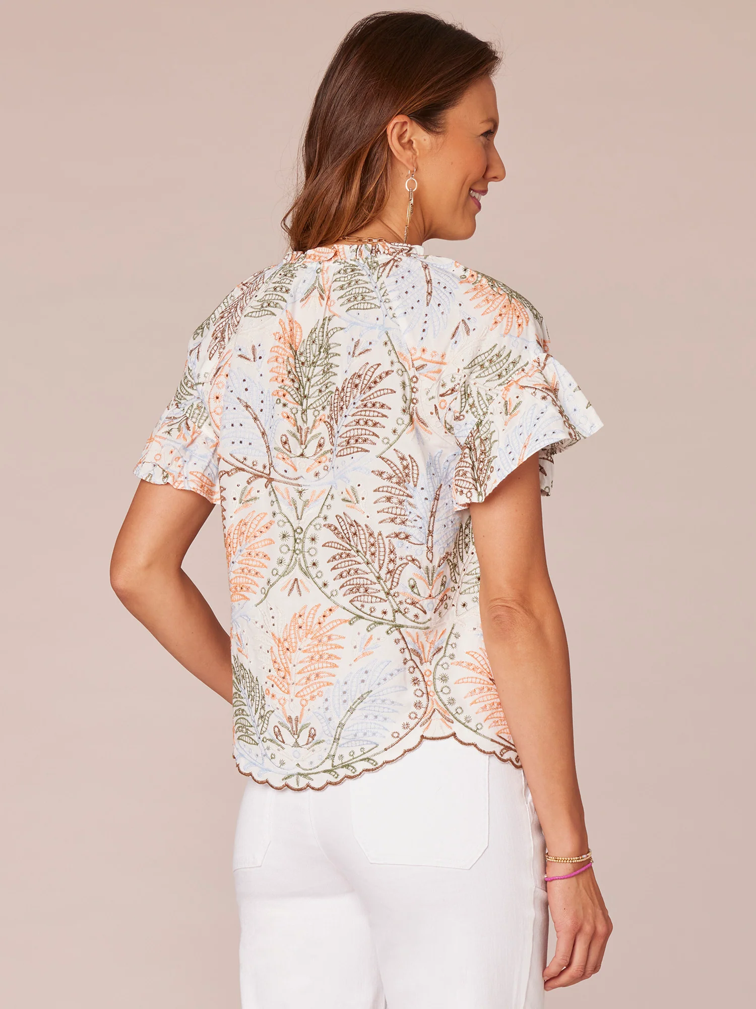 Short Sleeve Ruffle Split Neck Embroidered Printed Woven Top - Legahigh