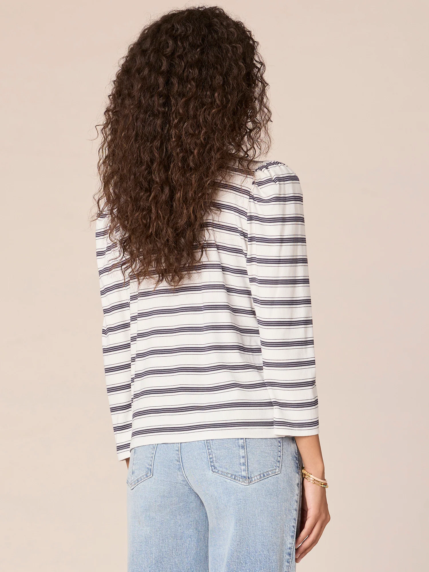 Three Quarter Sleeve Scoop Neck Lace Up Yoke Stripe Print Knit Top - Legahigh