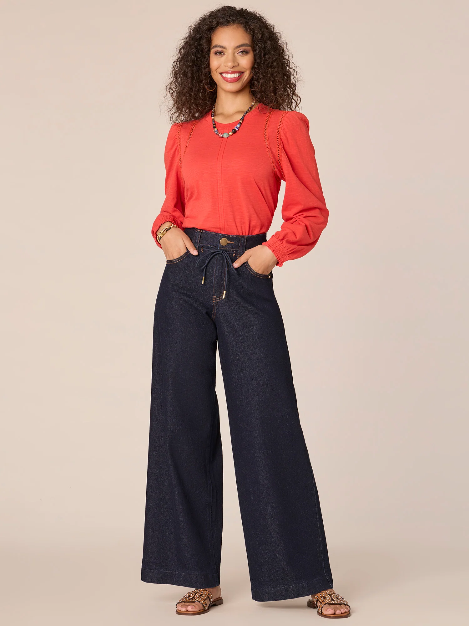 Long Puff Sleeve Crew Neck Crochet Linking Petite Knit Top with Center Seam - Legahigh