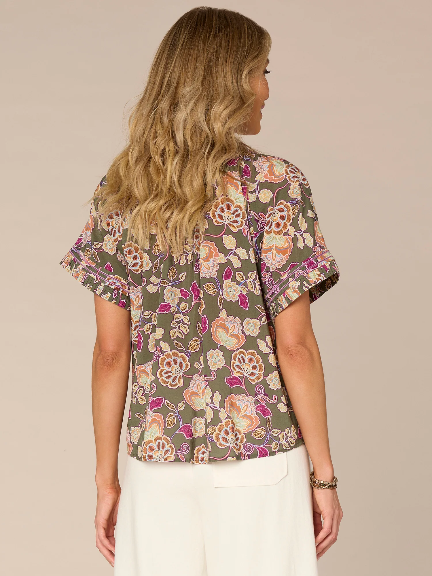 Short Sleeve Pleated Collar Button Front Printed Woven Top - Legahigh