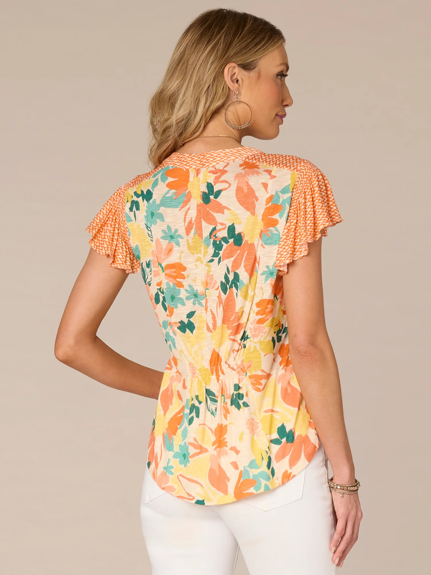 Short Flutter Sleeve Mandarin Collar V-Neck Floral Print Knit Top - Legahigh