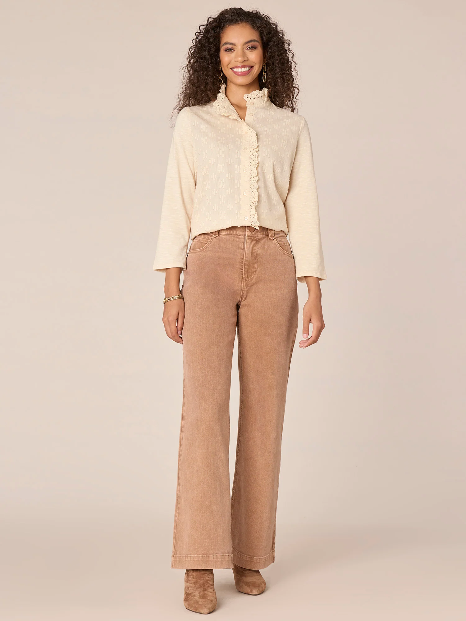 Three Quarter Sleeve Ruffle Button Placket Mixed Media Woven Shirt - Legahigh