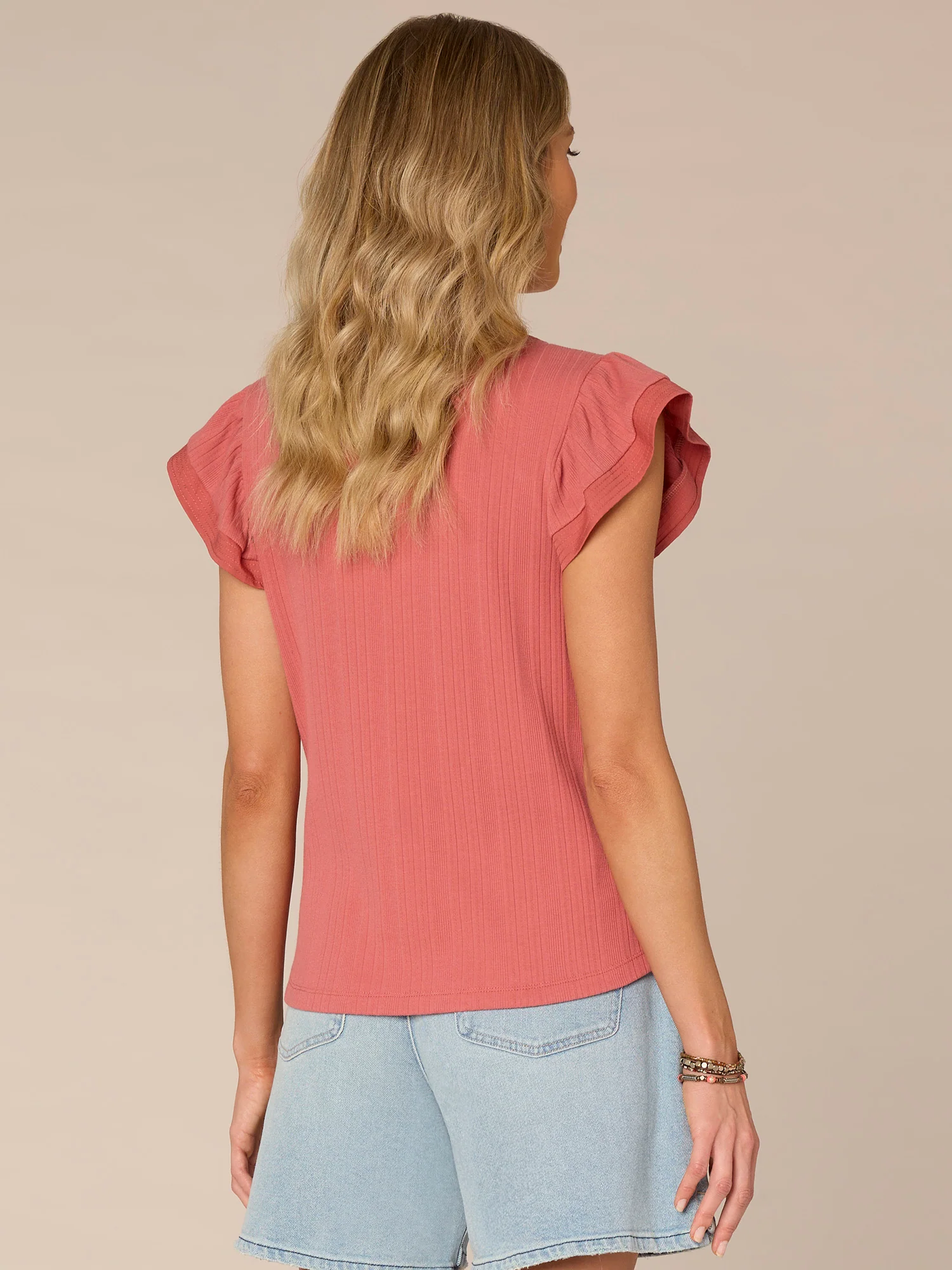 Flutter Cap Sleeve Split Neck Mixed Media Knit Top - Legahigh