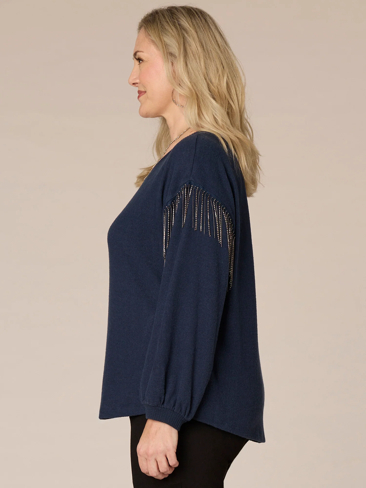 Long Sleeve Scoop Neck Plus Size Knit Top with Rhinestone Fringe - Legahigh