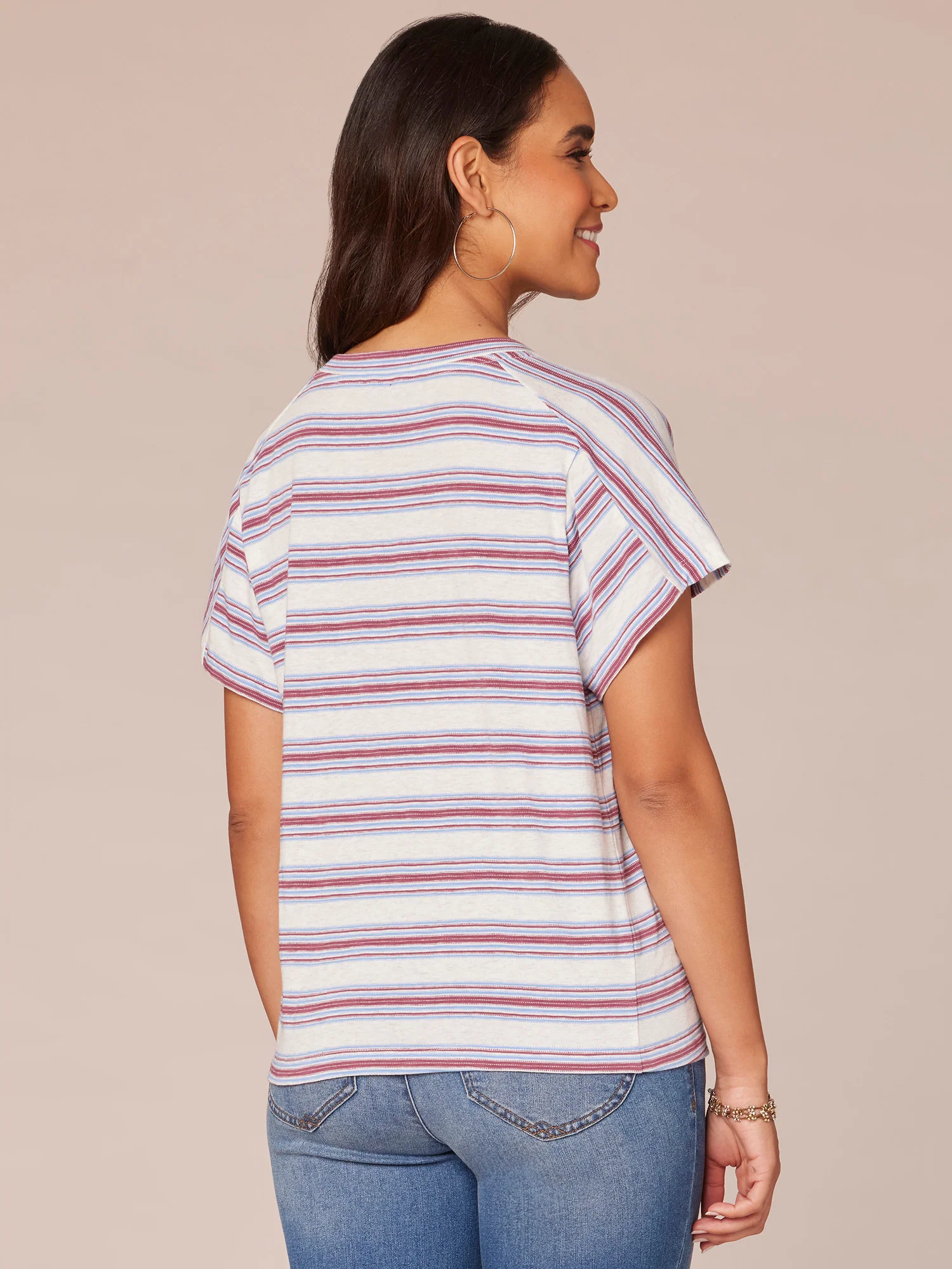 Short Sleeve Crew Neck Side Pleat Stripe Print Knit Top - Legahigh
