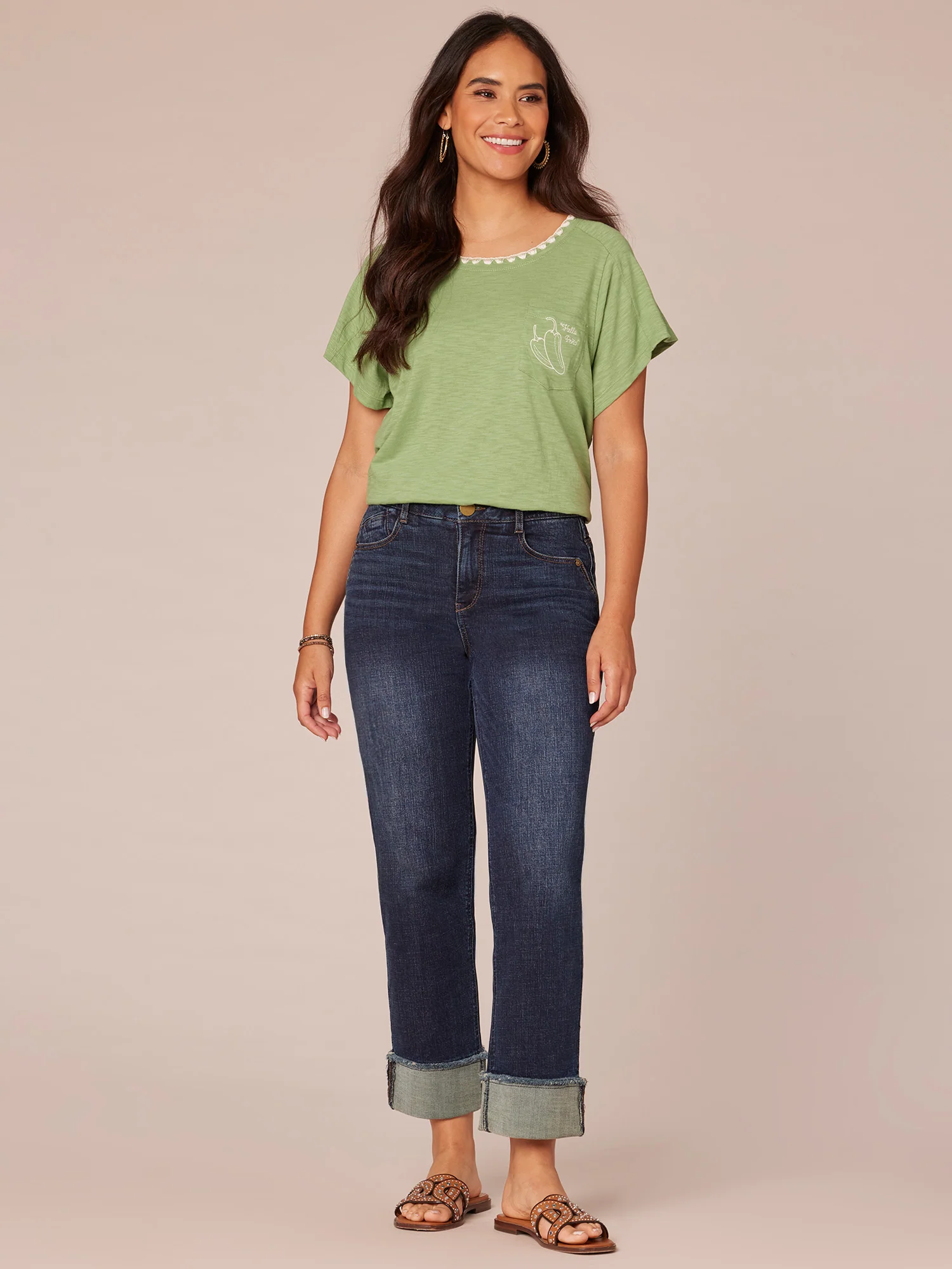 Short Sleeve Scoop Neck Embroidered Pocket Knit Boyfriend Tee - Legahigh