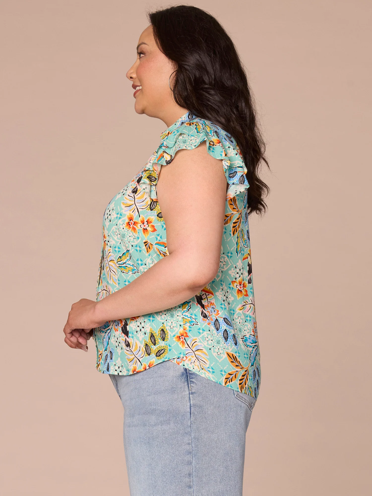 Double Flutter Sleeve Collared V-Neck Leaf Print Plus Size Woven Top - Legahigh