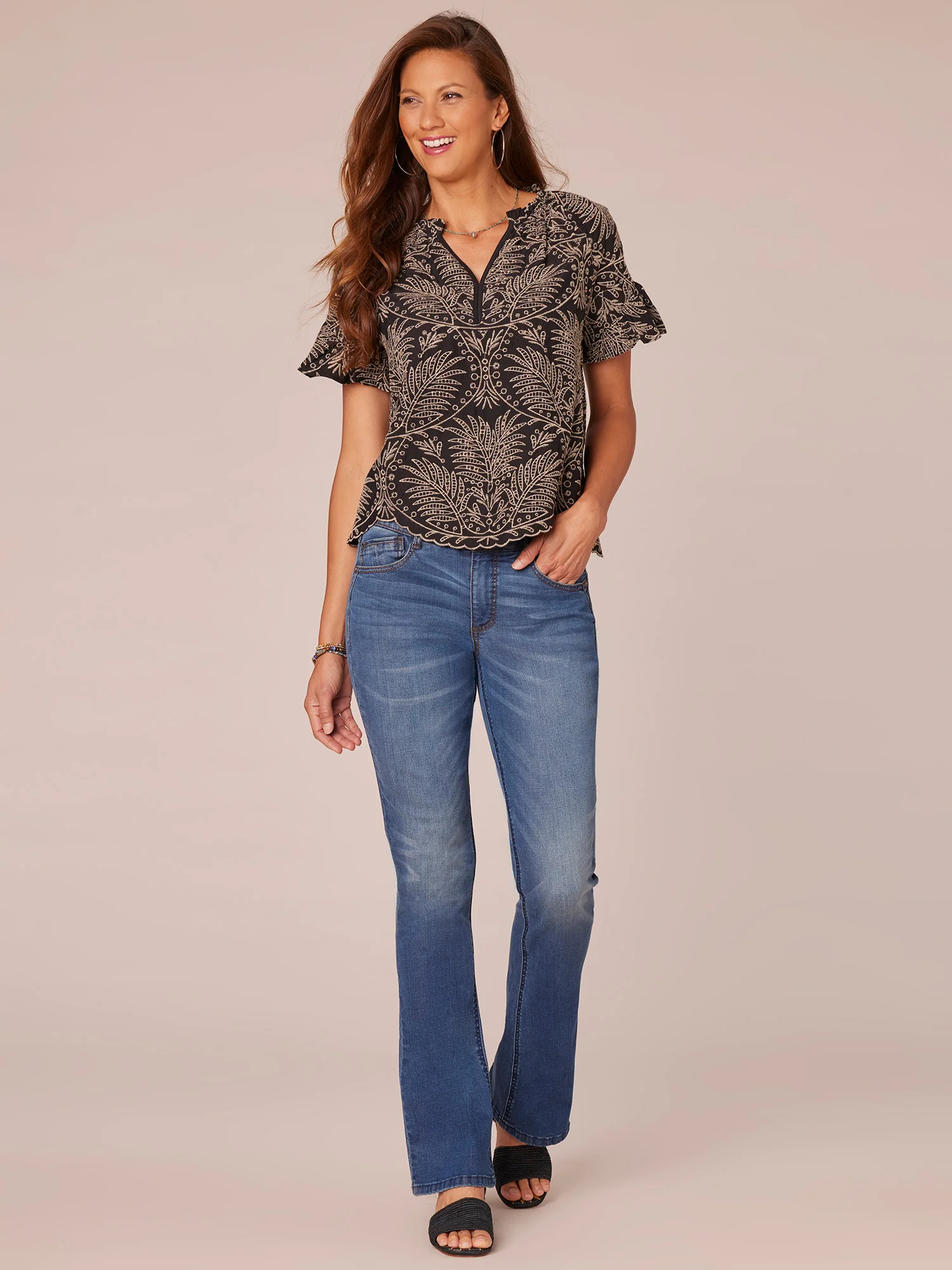 Short Sleeve Ruffle Split Neck Embroidered Printed Woven Top - Legahigh
