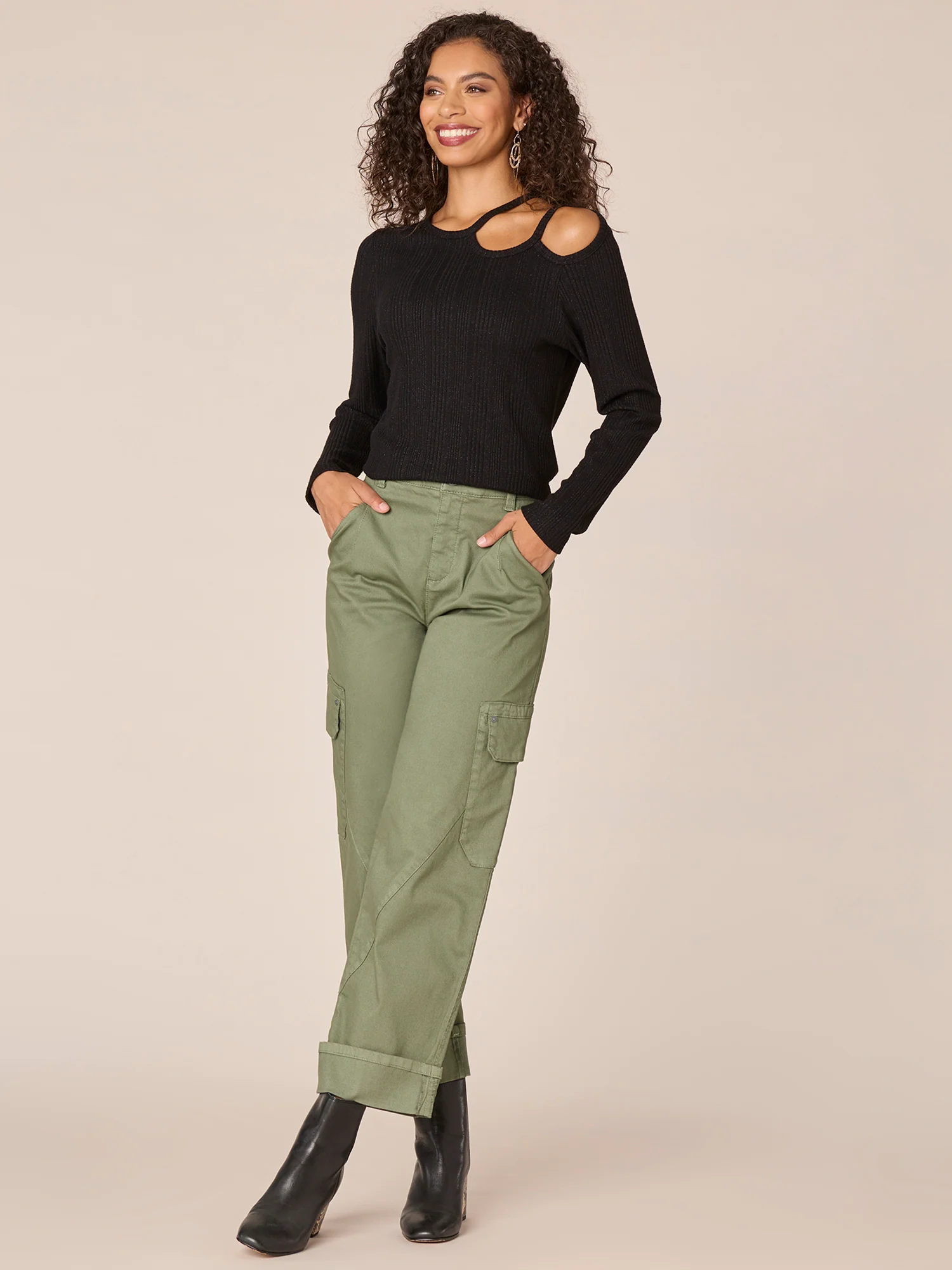 Long Raglan Sleeve Crew Neck Knit Top with Shoulder Cutout - Legahigh