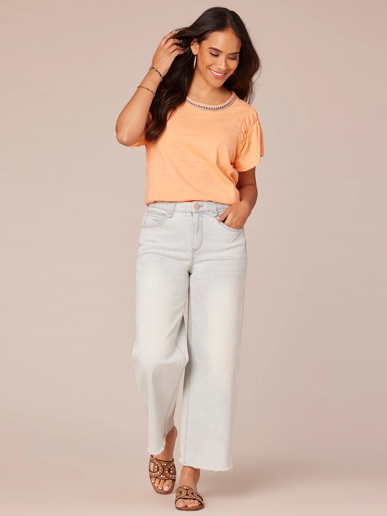 Short Flutter Sleeve Scoop Crochet Neck Knit Top with Ruched Armholes - Legahigh