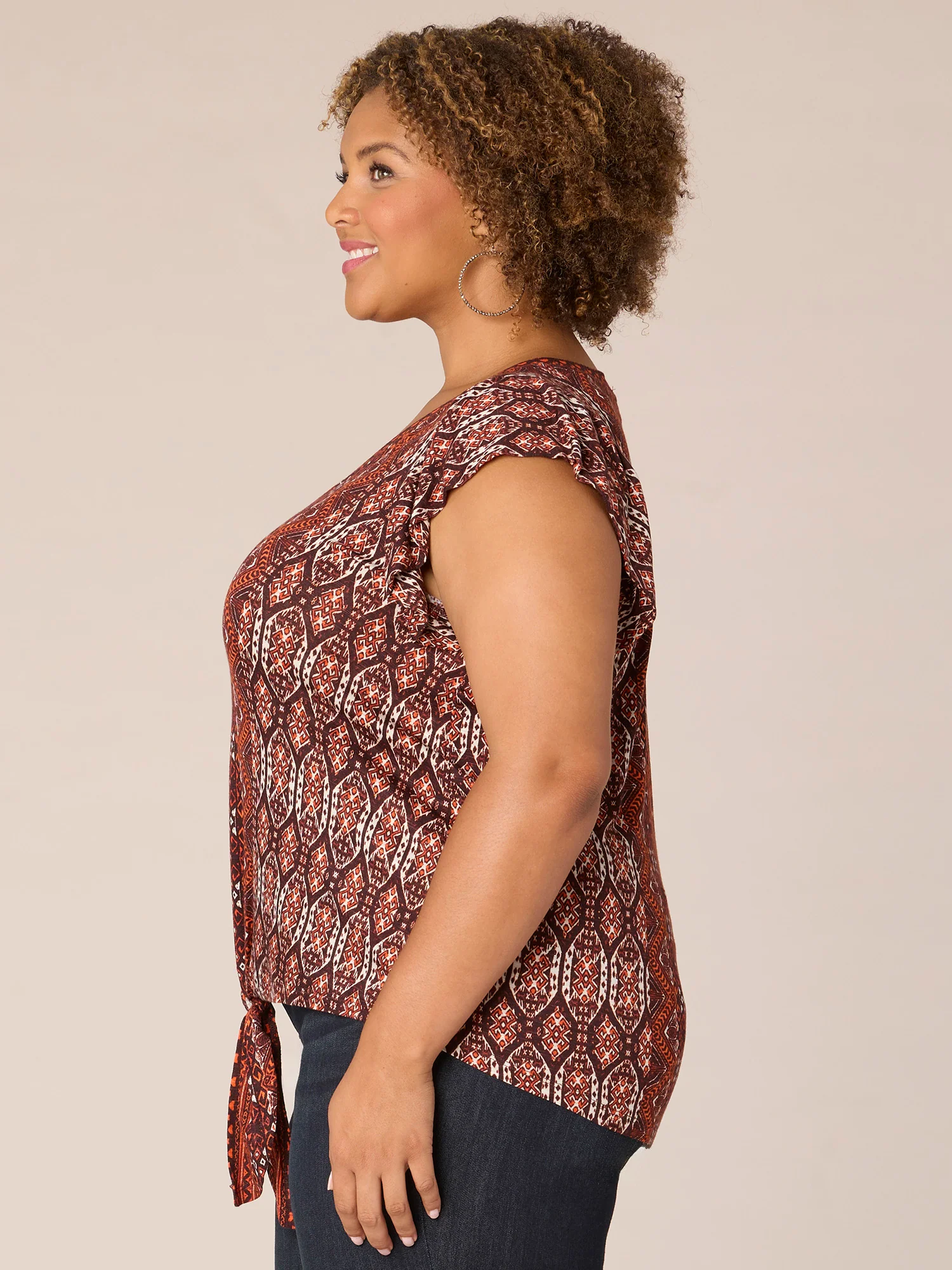 Flutter Sleeve V-Neck Tie Front Abstract Print Plus Size Knit Top - Legahigh