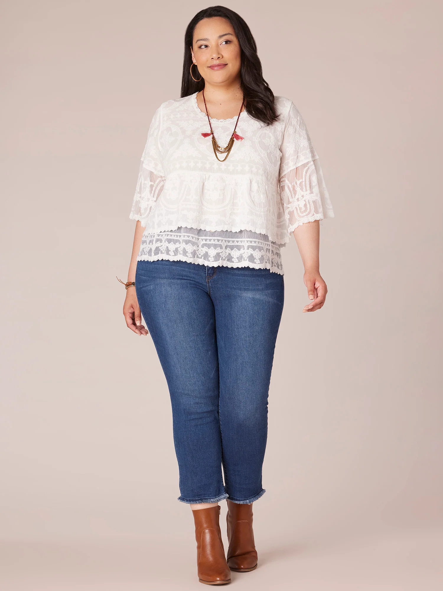 Three Quarter Sleeve Scoop Neck Flounce Peplum Hem Plus Size Woven Top - Legahigh