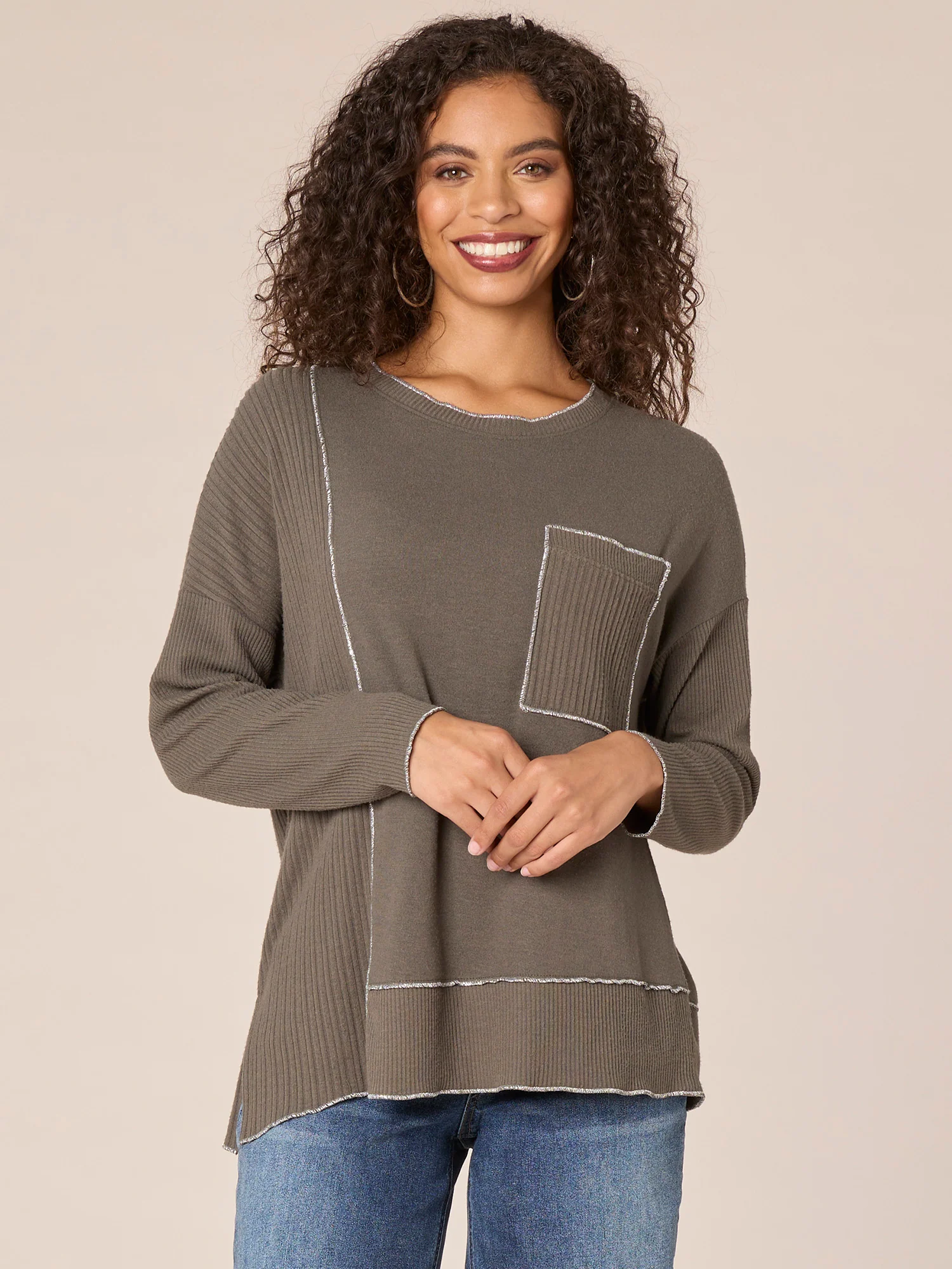 Long Sleeve Scoop Neck Asymmetrical Hem Mixed Media Knit Top - Legahigh