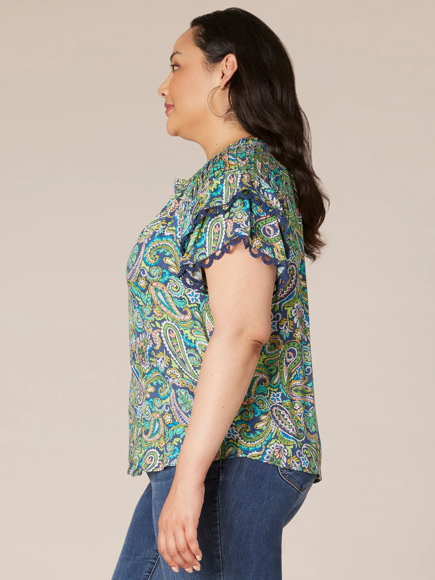 Double Flounce Sleeve V-Neck Paisley Printed Plus Size Woven Top - Legahigh