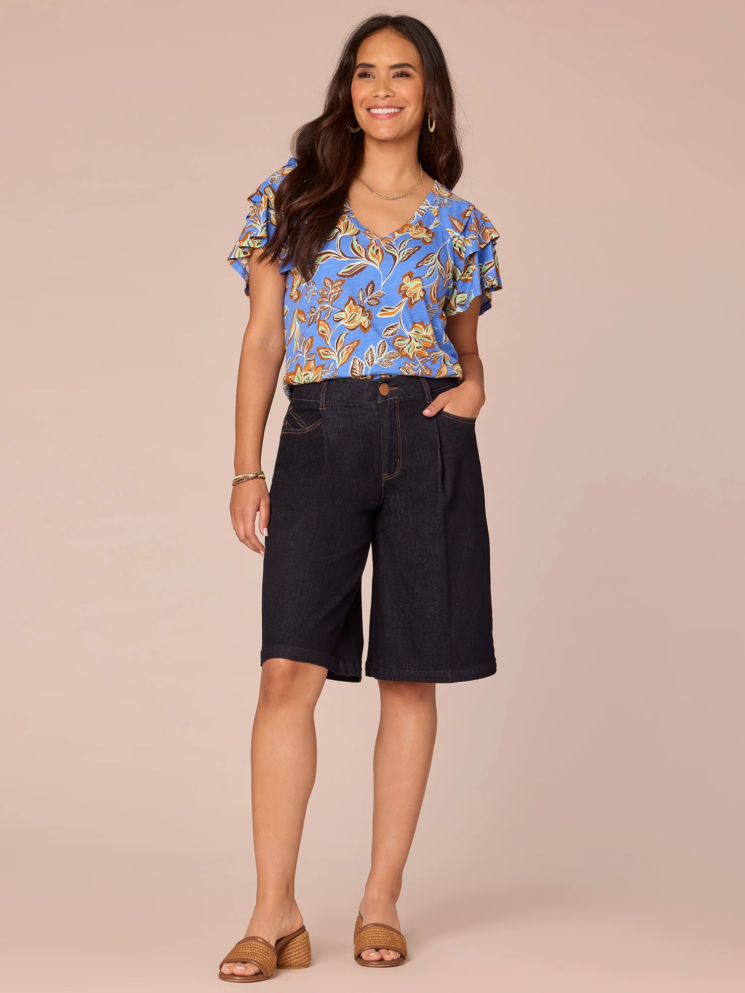 Short Three Tiered Bell Sleeve V-Neck Printed Knit Top - Legahigh