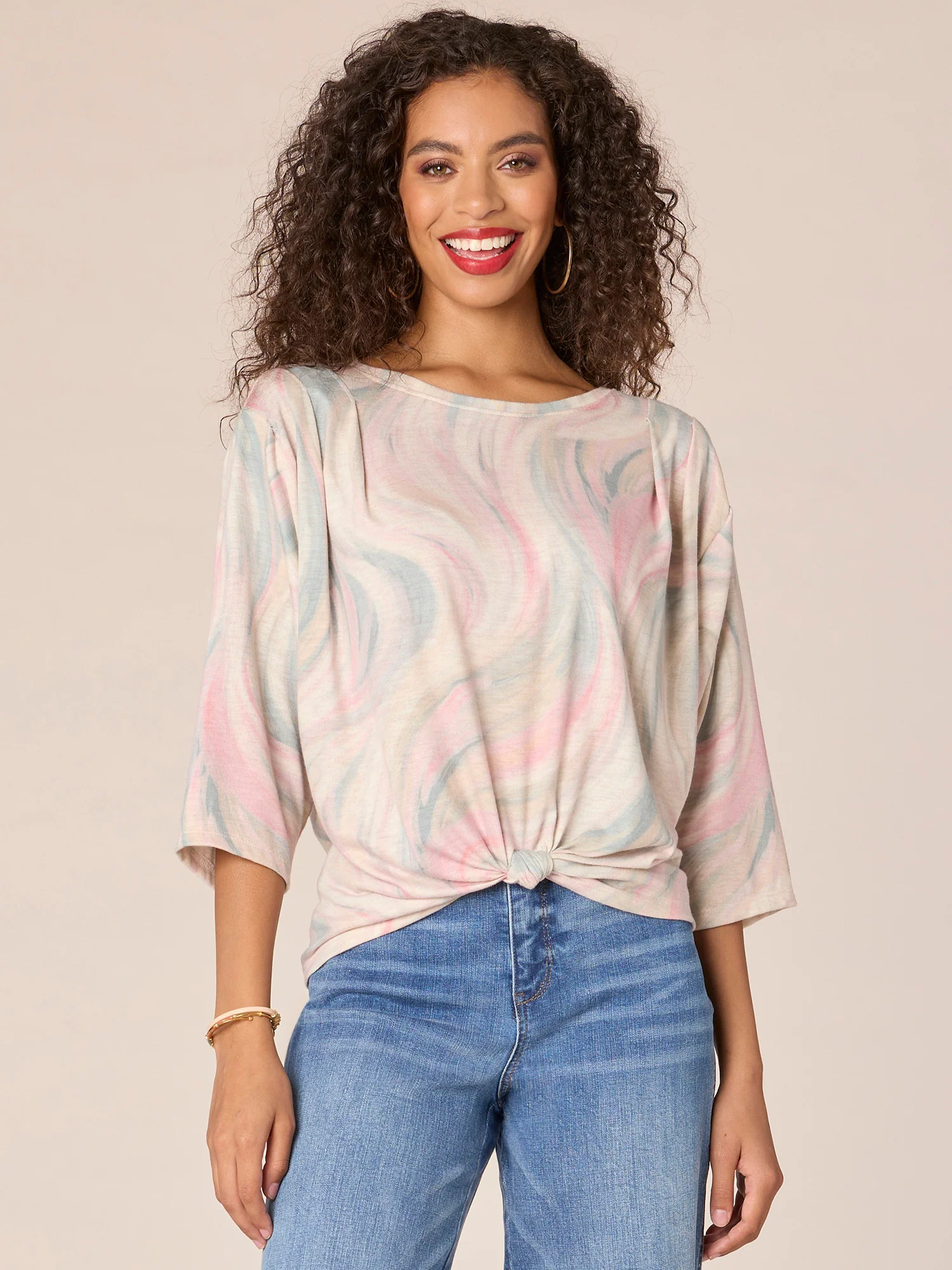 Three Quarter Sleeve Boatneck Knot Hem Abstract Print Knit Top - Legahigh