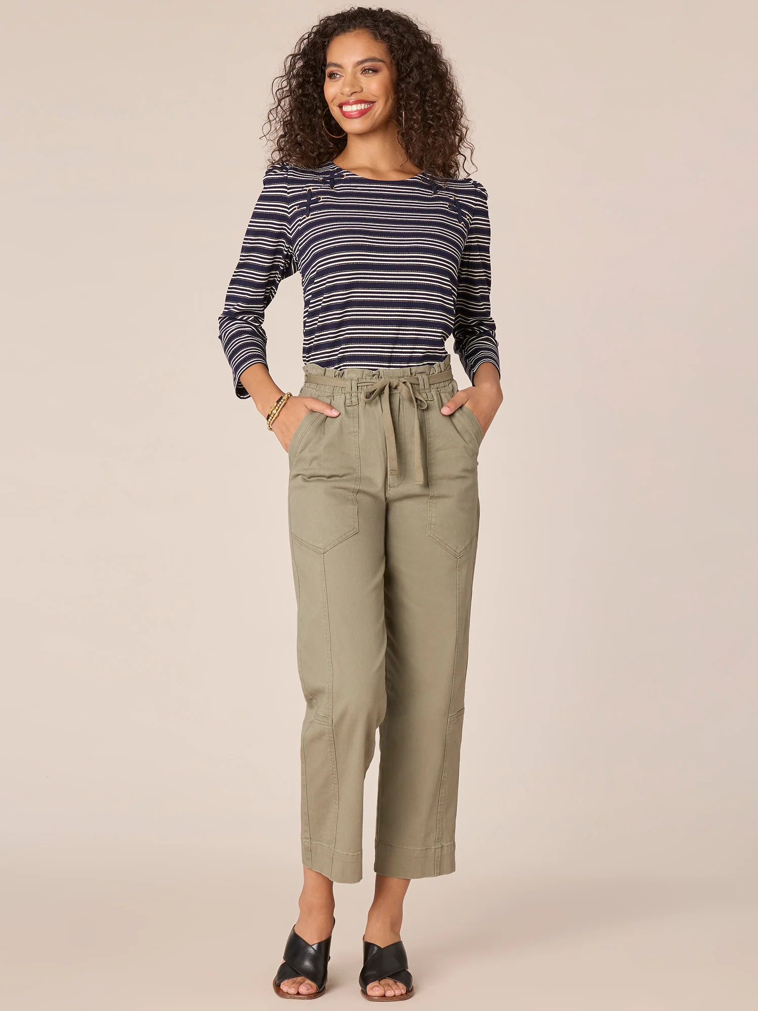 Three Quarter Sleeve Scoop Neck Stripe Knit Top with Lace Up Yoke - Legahigh