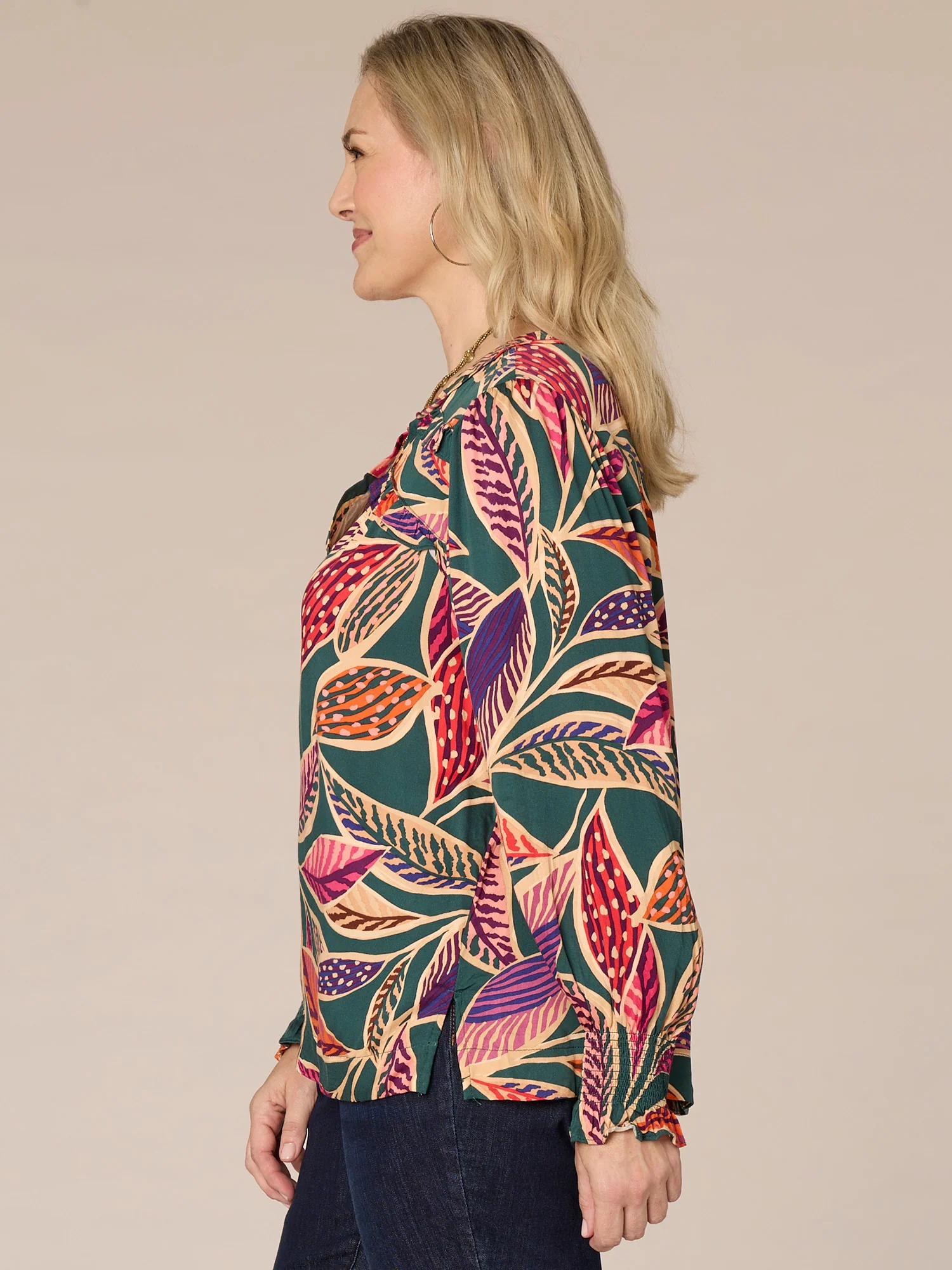 Long Smock Cuff Sleeve Split V-Neck Abstract Print Plus Size Woven Top - Legahigh