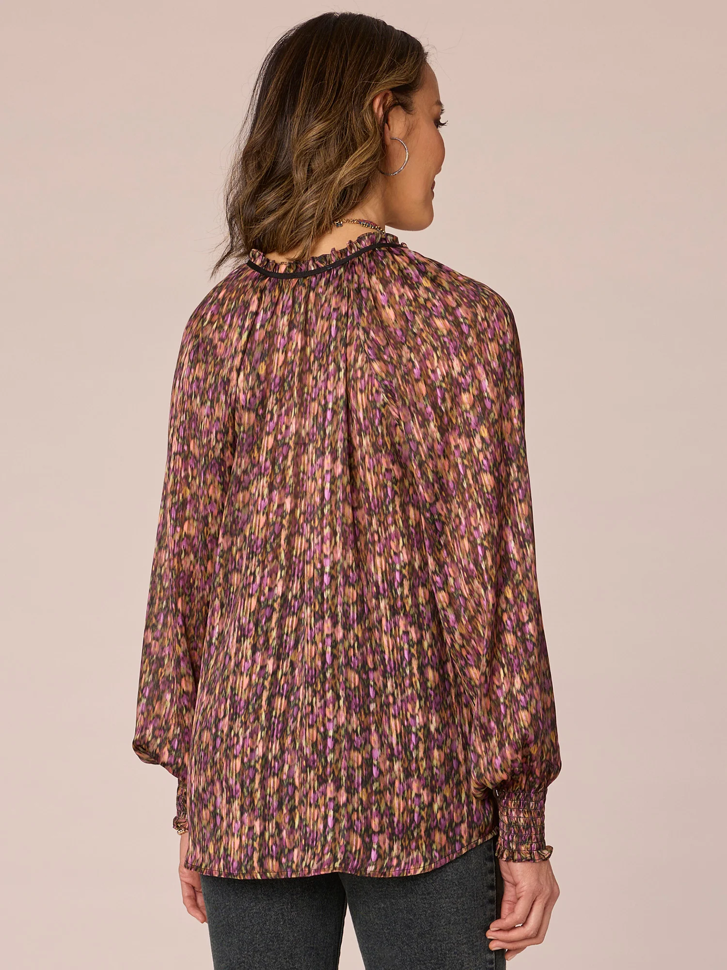 Long Ruffle Edge Sleeve Split V-Neck Abstract Print Petite Woven Top - Legahigh