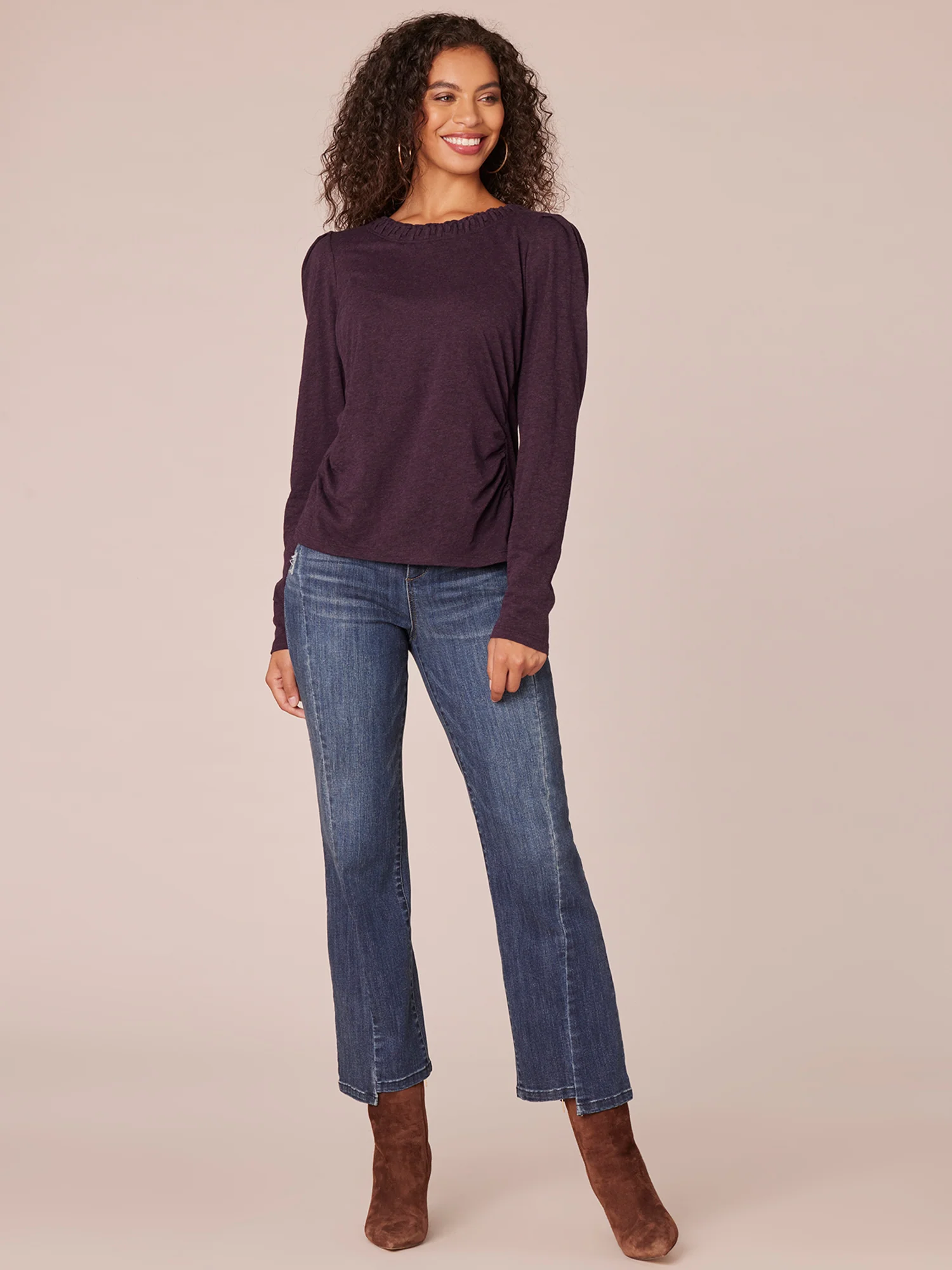 Long Sleeve Soutache Embroidered Crew Neck Knit Top with Ruching - Legahigh