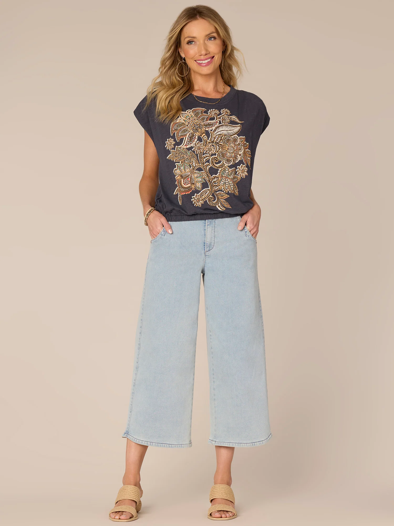 Origami Cap Sleeve Scoop Neck Cased Hem Screen Printed Knit Top - Legahigh