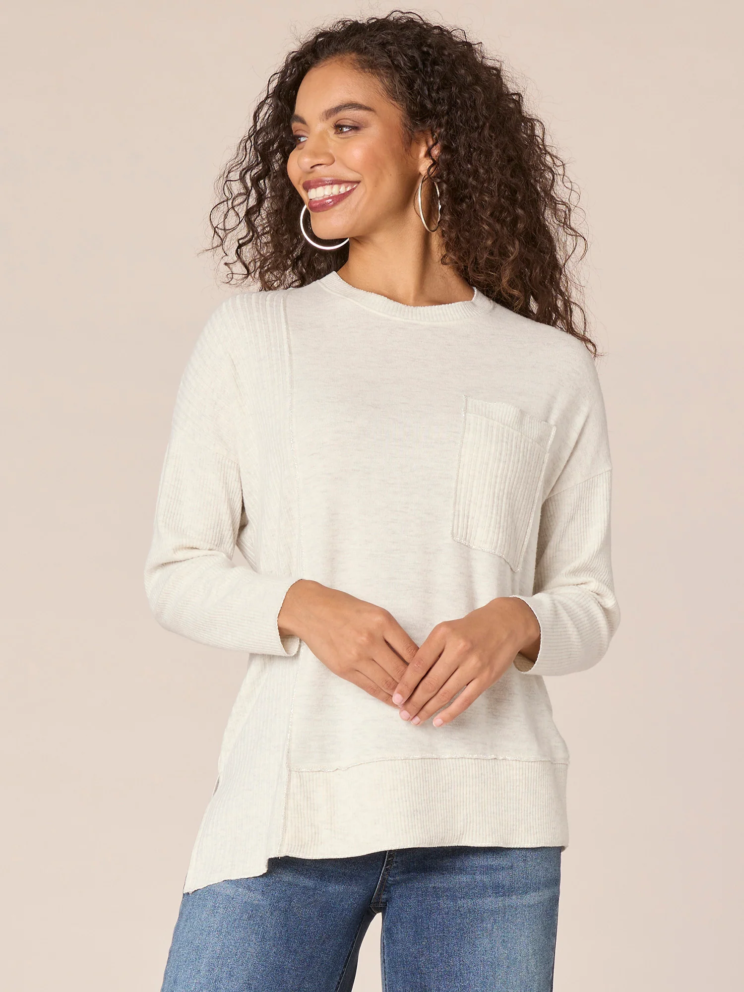 Long Sleeve Scoop Neck Asymmetrical Spliced Hem Petite Knit Top - Legahigh