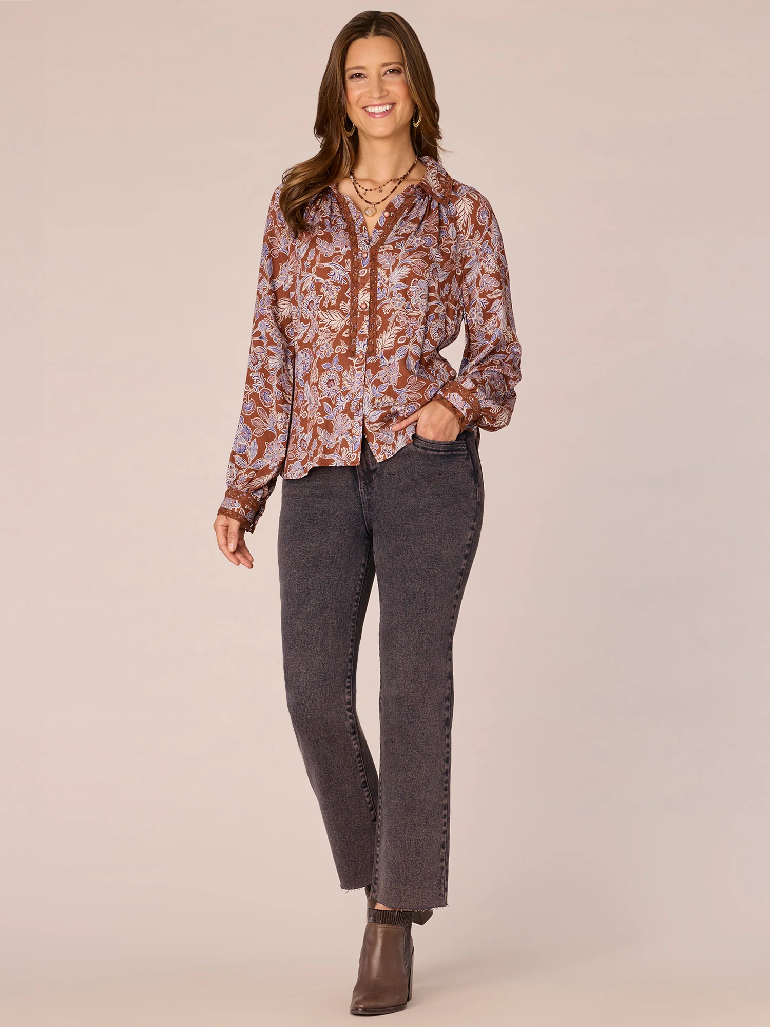 Long Sleeve Crochet Inset Placket Floral Print Woven Shirt - Legahigh