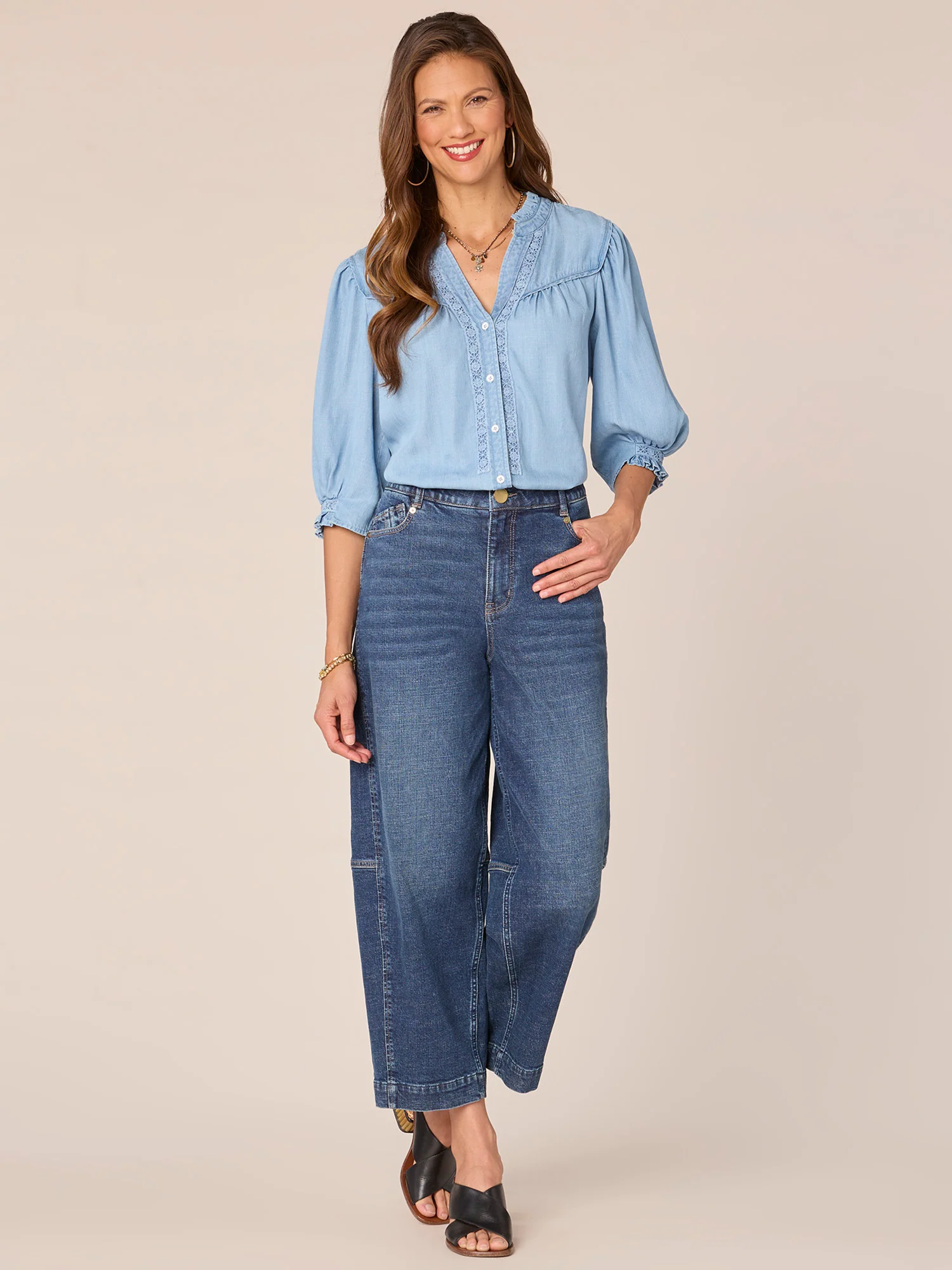 Cinched Band Sleeve Collared Crochet Inset Button Down Woven Top - Legahigh