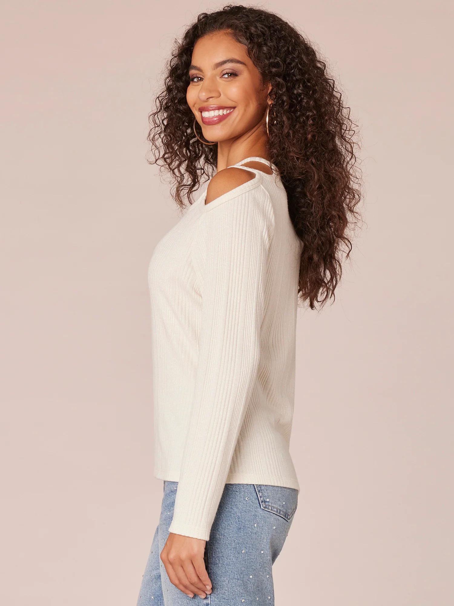 Long Raglan Sleeve Crew Neck Knit Top with Shoulder Cutout - Legahigh