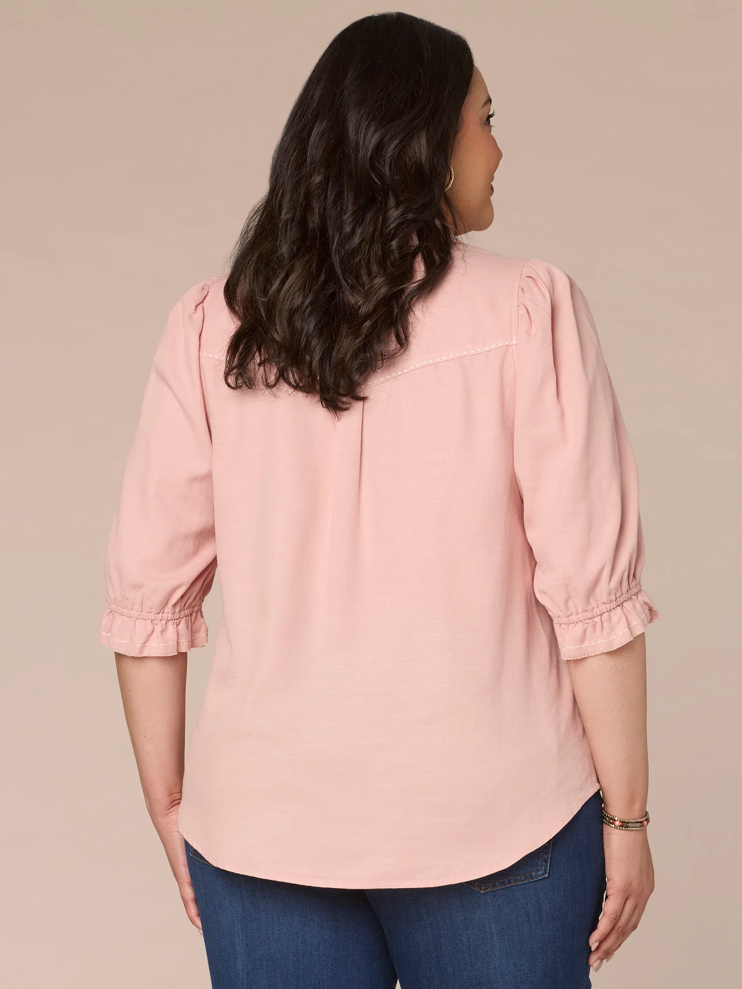 Below Elbow Sleeve Western Yoke Snap Button Plus Size Woven Shirt - Legahigh