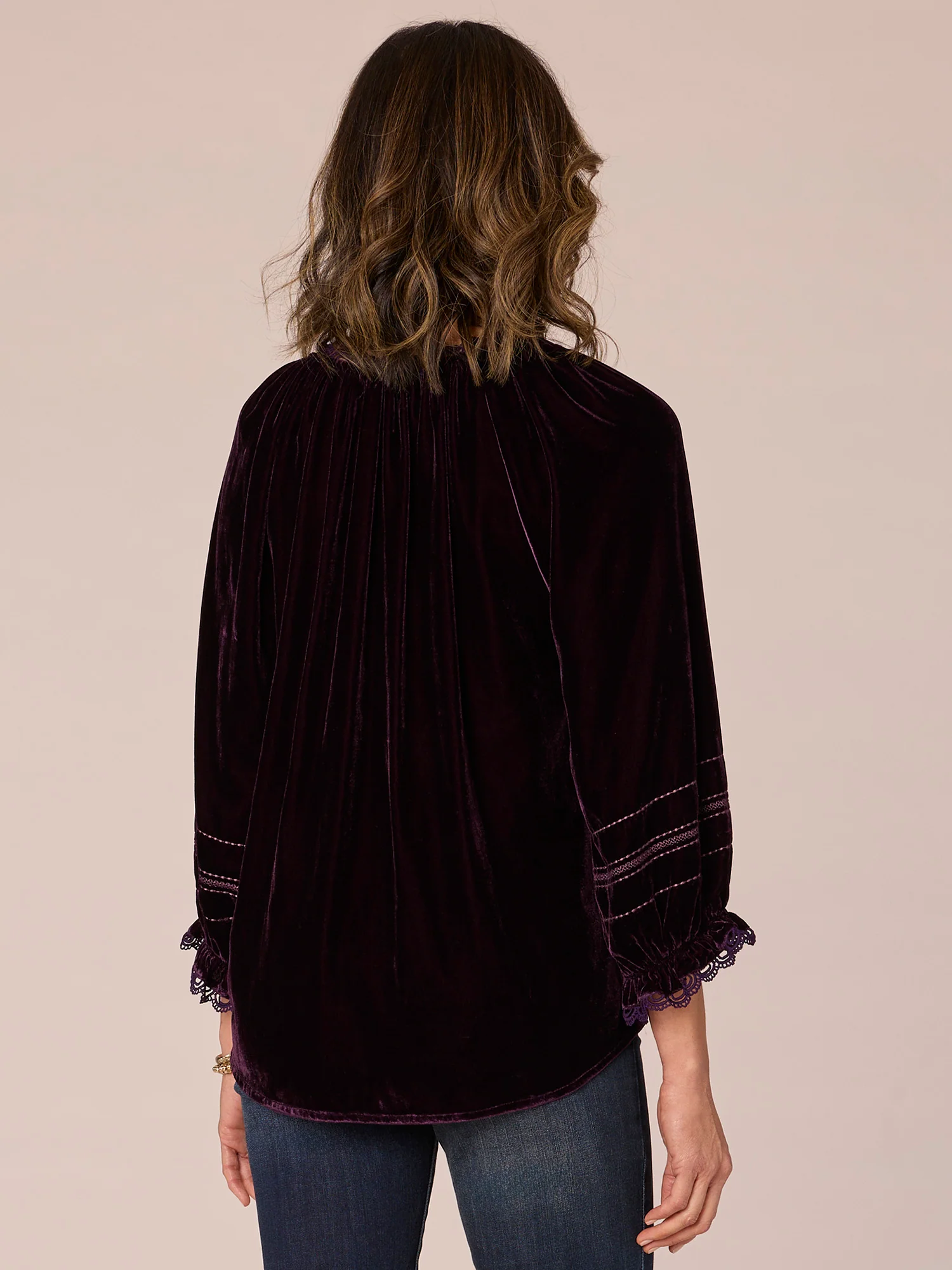 Three Quarter Sleeve Ruffle Edge Split V-Neck Placket Petite Woven Top - Legahigh