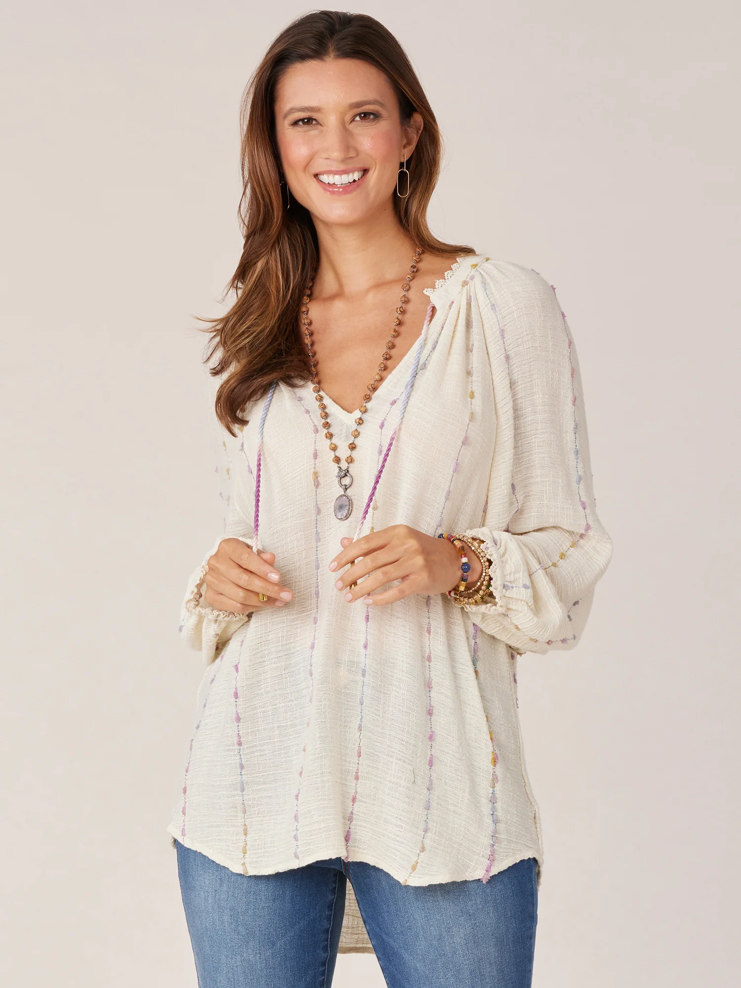 Petite Long Blouson Sleeve V-Neck Crochet Woven Top with Braided Ties - Legahigh
