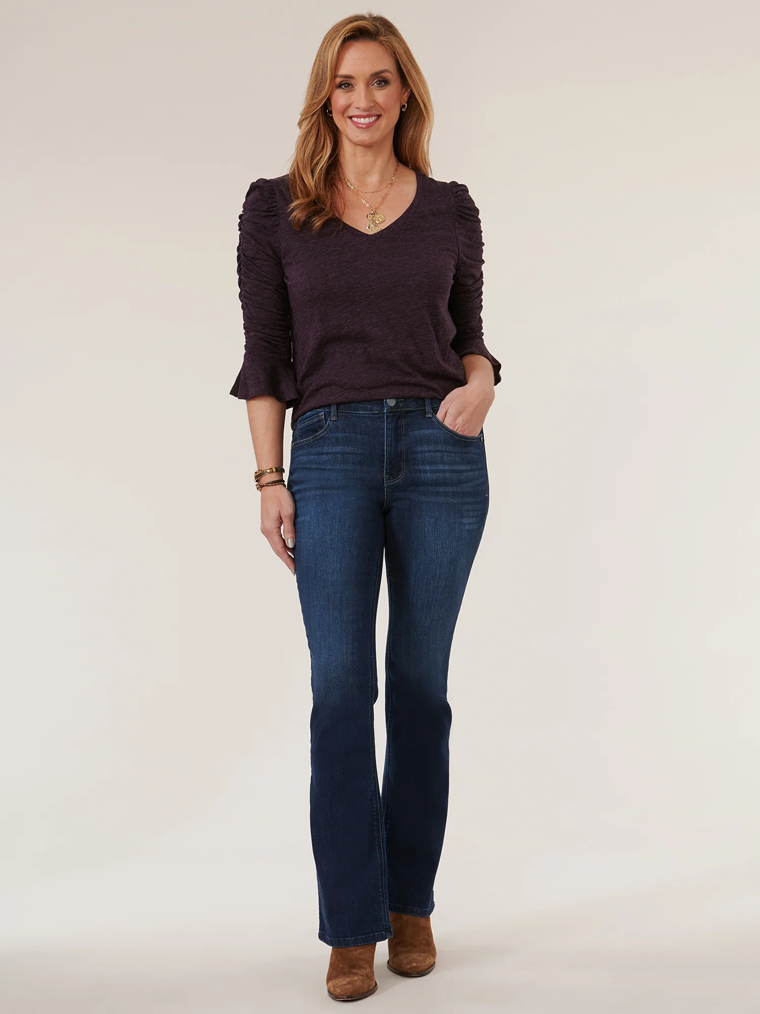 3/4 Ruched Flounce Sleeve V Neck Shirtail Hem Knit Top - Legahigh