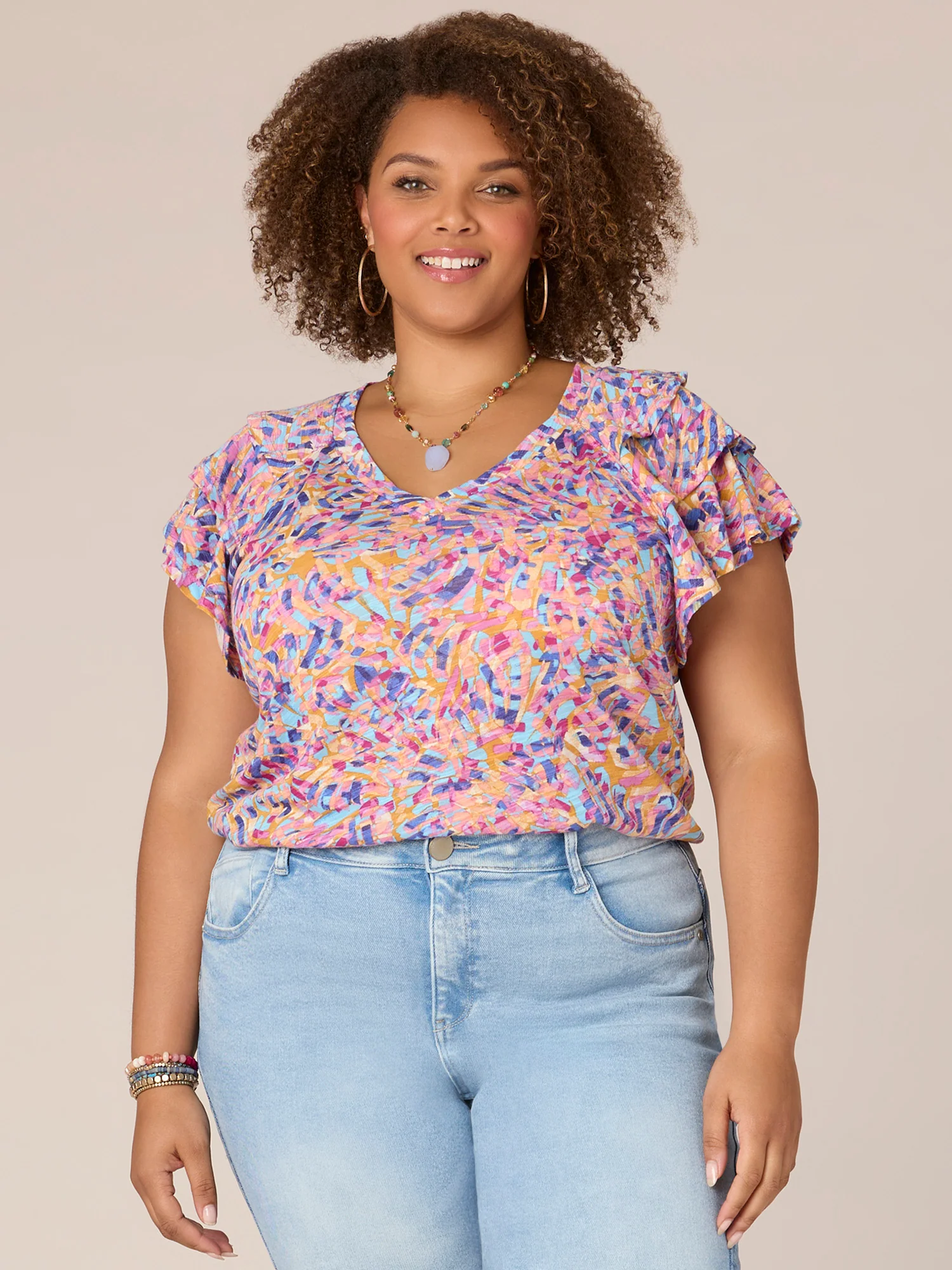 Three Tiered Raglan Sleeve V-Neck Printed Plus Size Knit Top - Legahigh