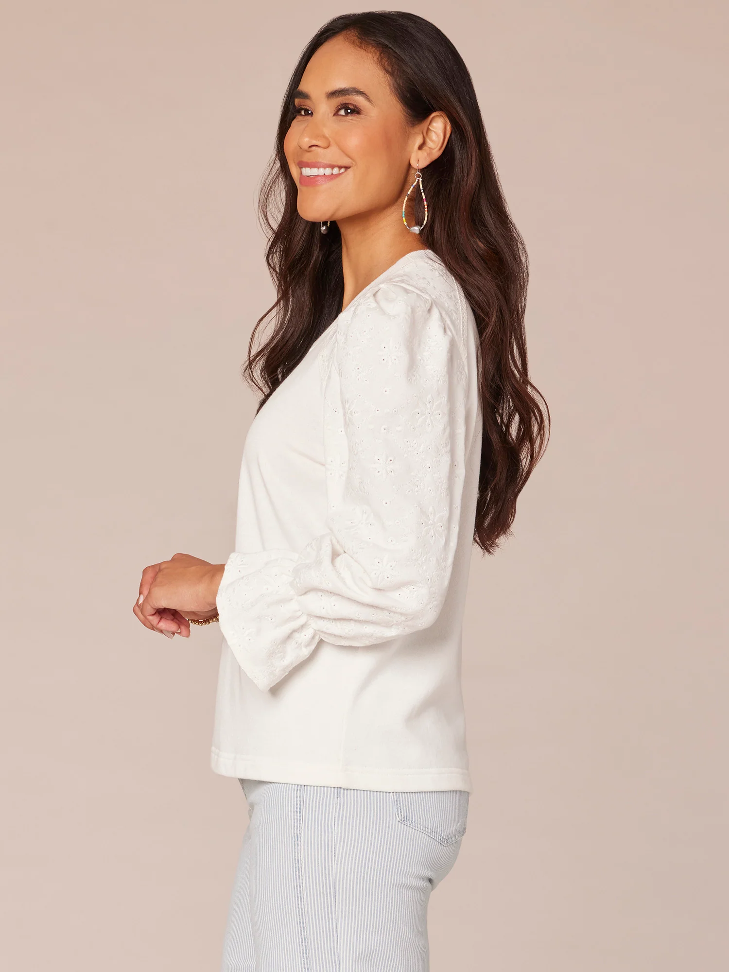 Three Quarter Flounce Sleeve Scoop Neck Embroidered Knit Sweatshirt - Legahigh