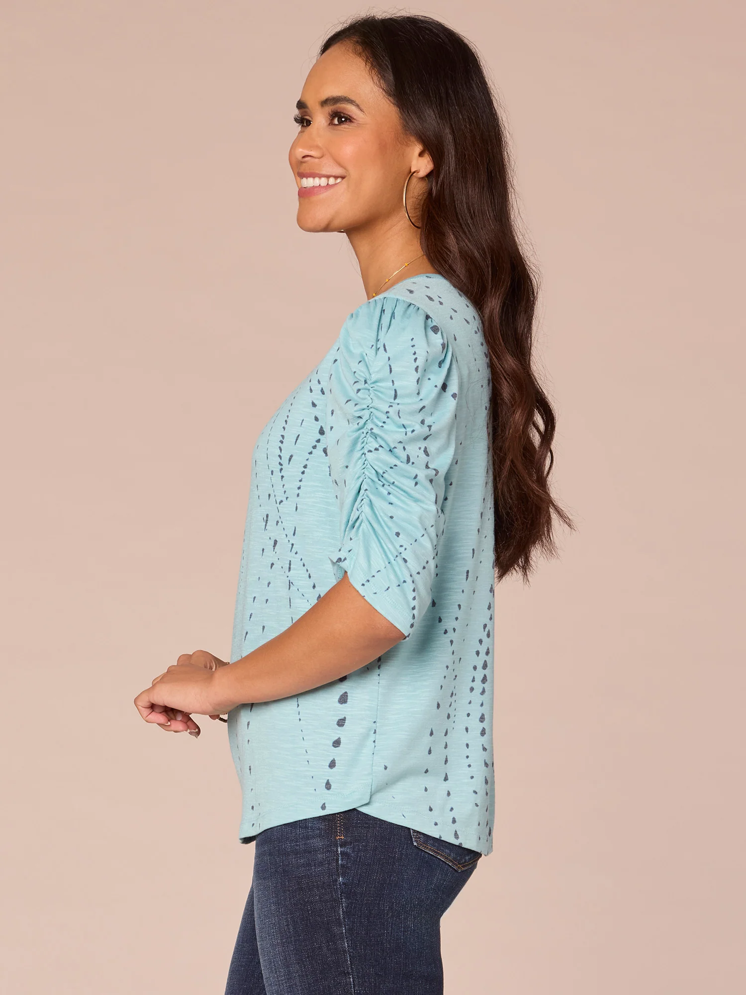Ruched Elbow Sleeve Scoop Neck Dot Print Plus Knit Top - Legahigh