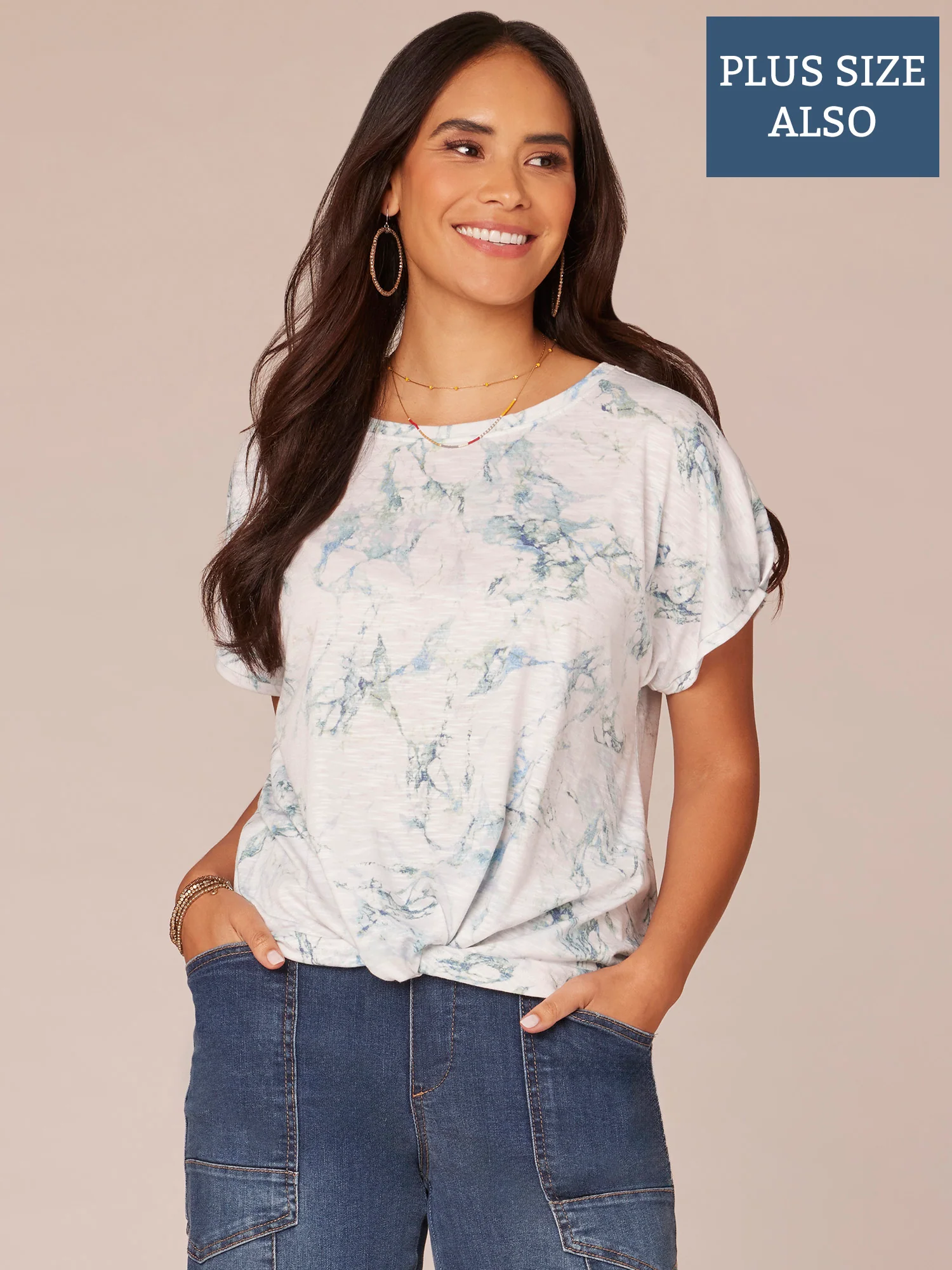 Short Sleeve Scoop Neck Twist Hem Marble Print Plus Size Knit Top - Legahigh