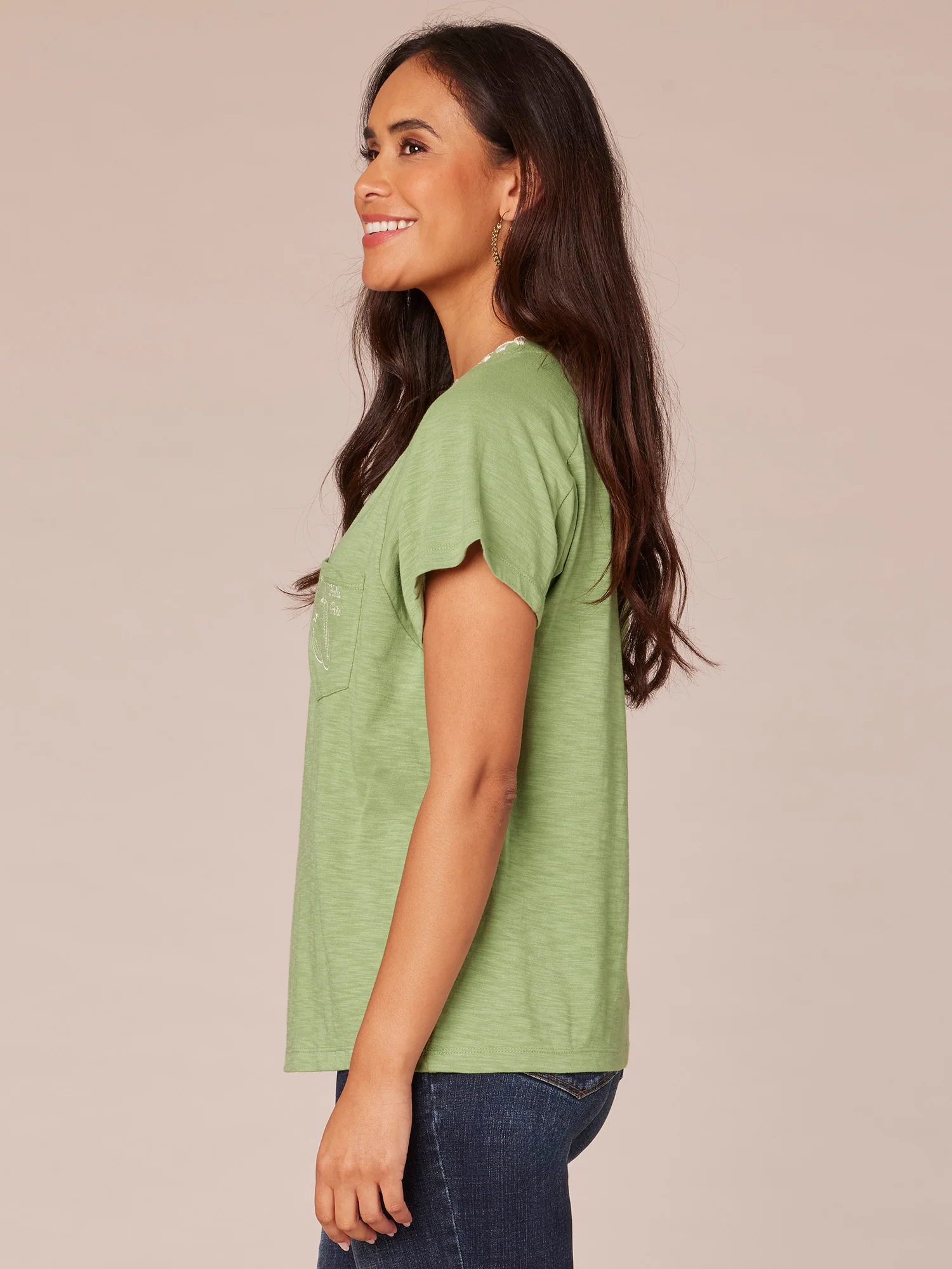 Short Sleeve Scoop Neck Embroidered Pocket Knit Boyfriend Tee - Legahigh